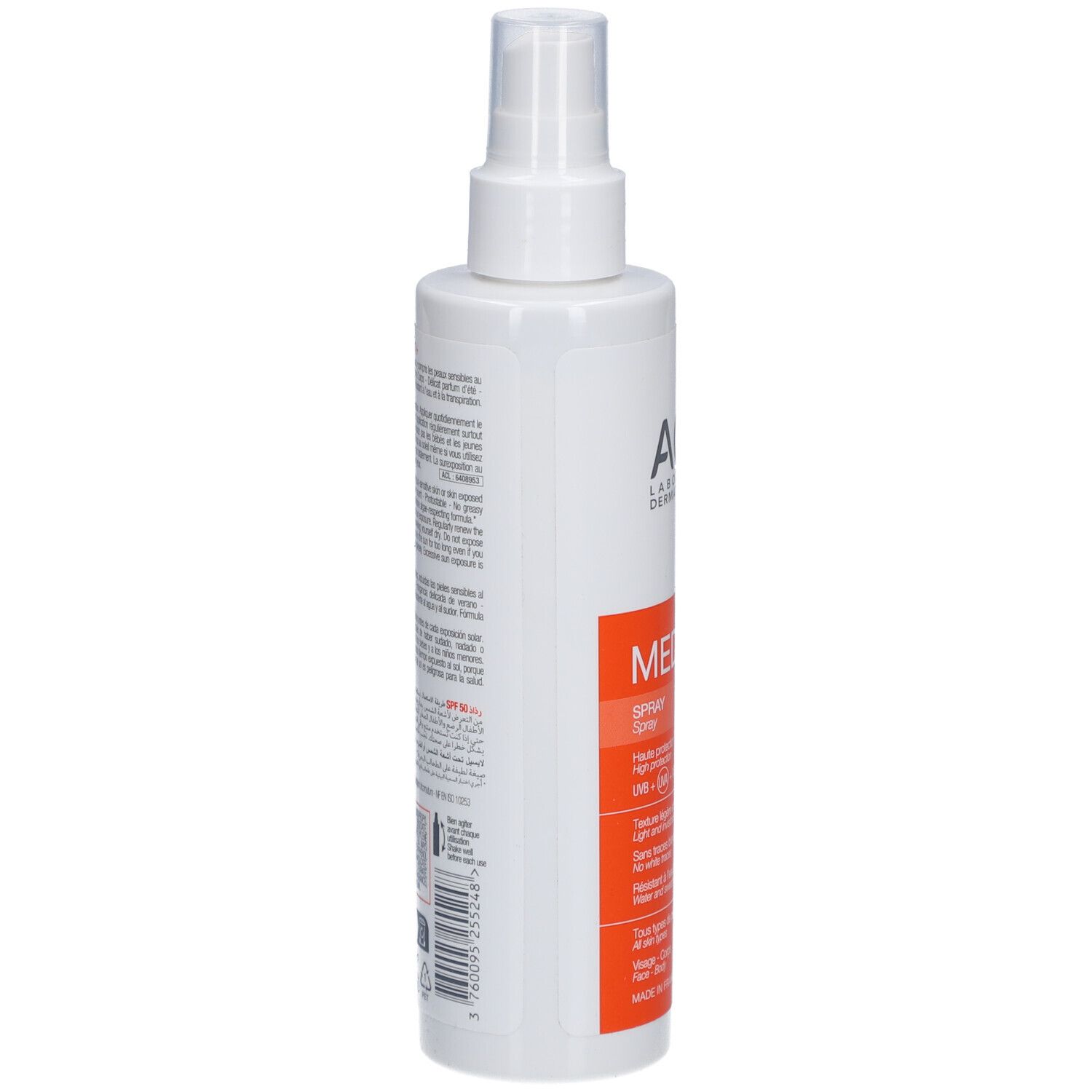 Witte zonnebrandspray met tekst op de achterkant. Merk: ACM. Met sproeikop.