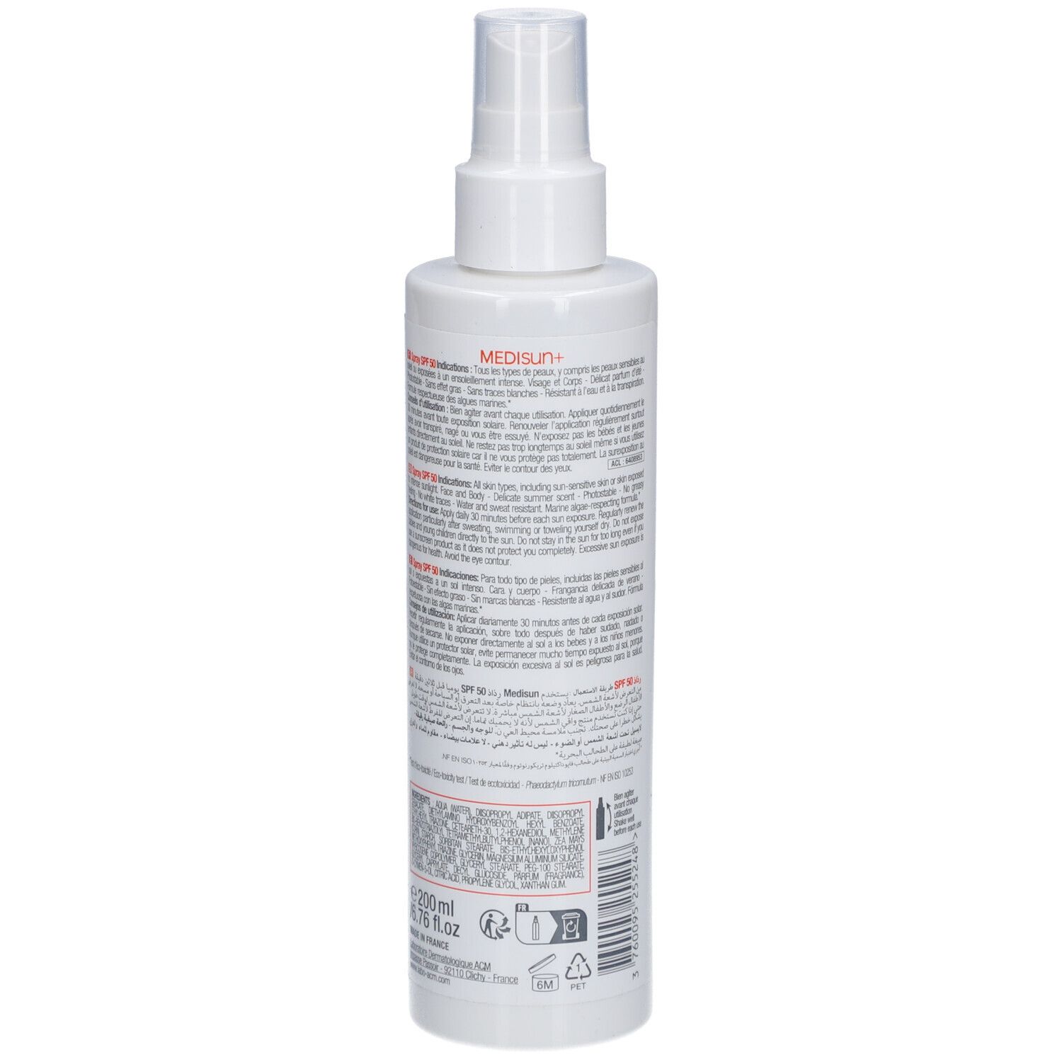Witte zonnebrandspray met tekst op de achterkant. Merk: ACM. Met sproeikop.