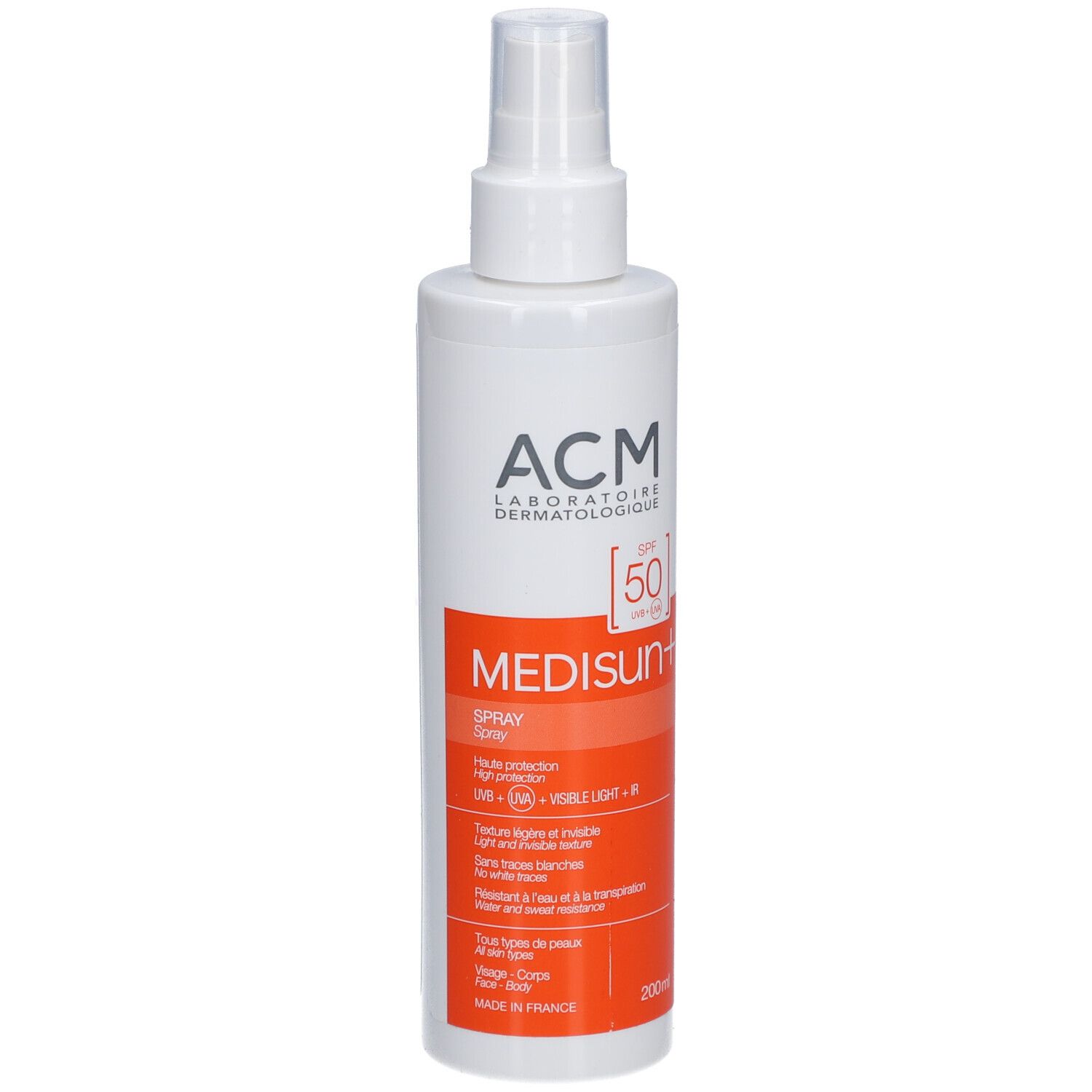 Witte zonnebrandspray met sproeikop. Oranje strook met tekst. Merk: ACM Medisun+ SPF 50.