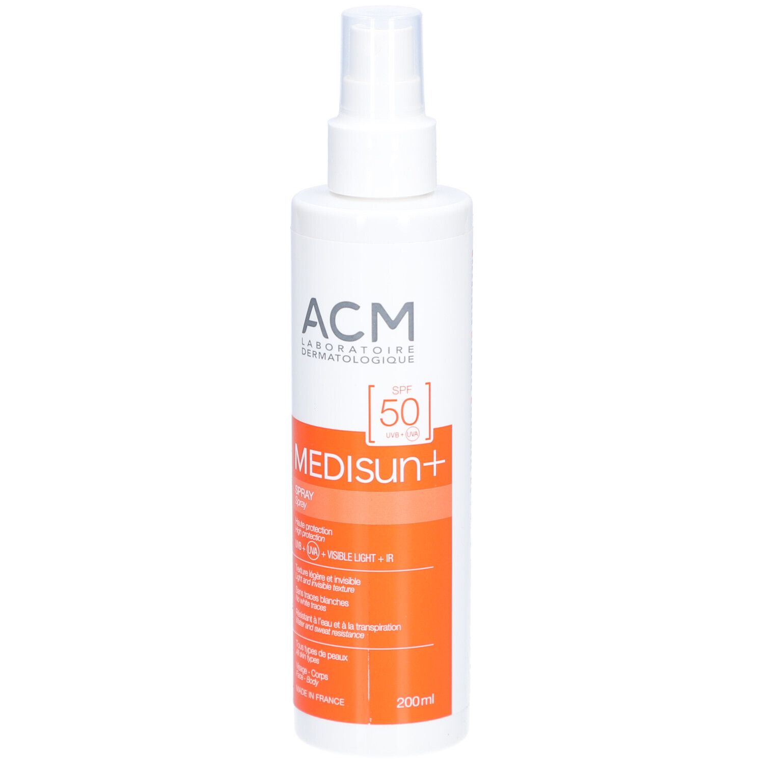 Witte zonnebrandspray met sproeikop. Oranje strook met tekst. Merk: ACM Medisun+ SPF 50.
