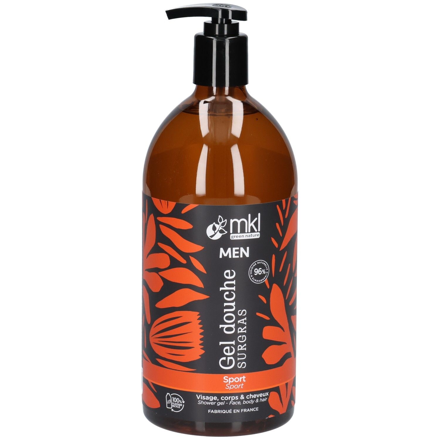 Flacon pompe marron de gel douche MKL MEN SURGRAS pour visage, corps & cheveux. Motif de feuilles orange-rouge.