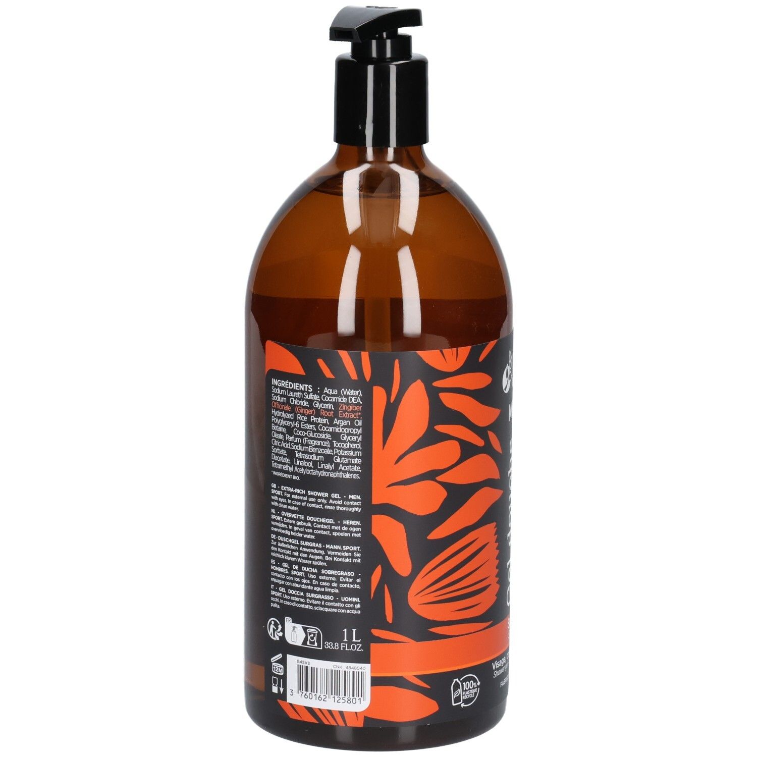 Flacon pompe marron avec motif floral orange et étiquette indiquant les ingrédients et 1L.