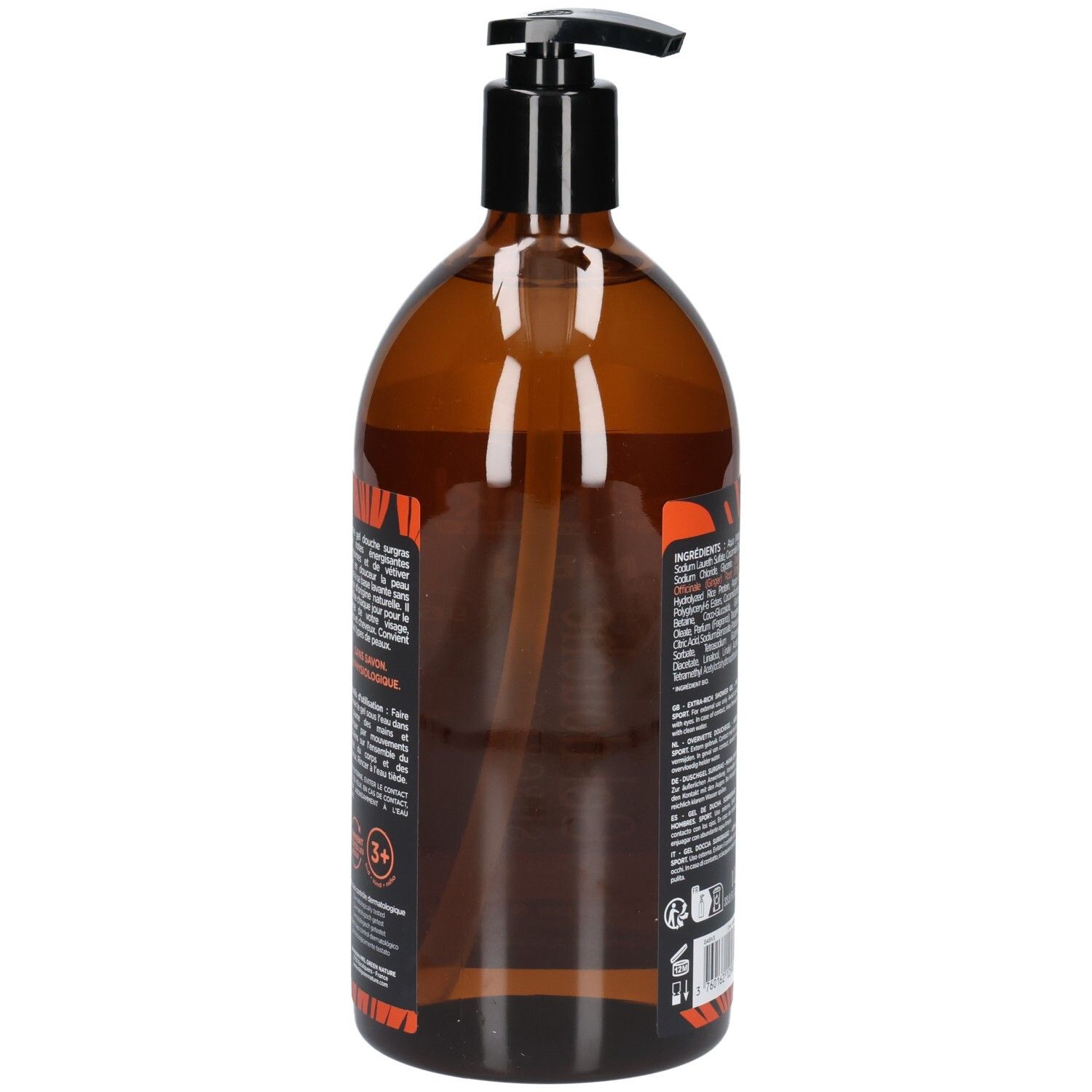 Flacon pompe brun avec contenu transparent et distributeur noir. Étiquette avec texte et accents orange.