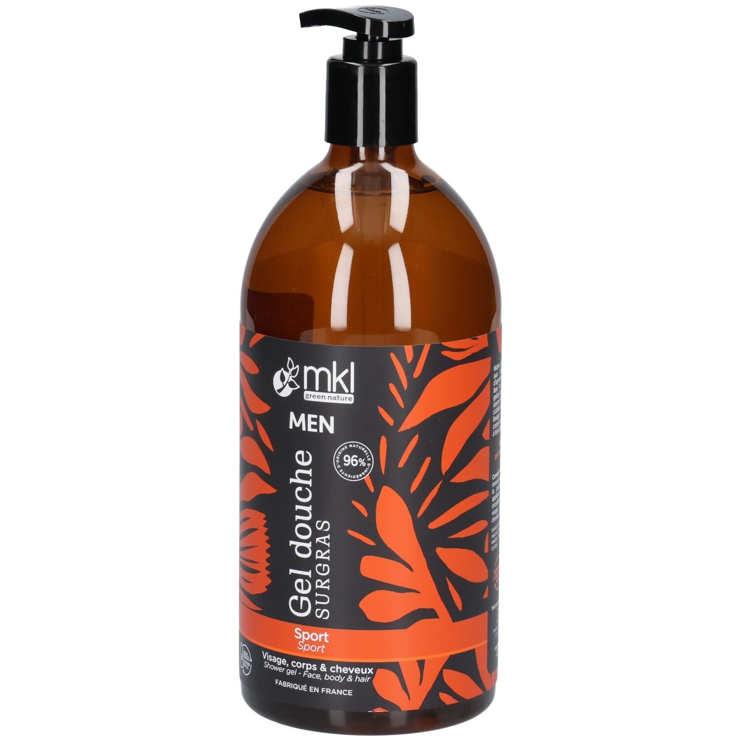 Flacon pompe marron avec étiquette MKL MEN Gel douche SURGRAS. Pour visage, corps et cheveux.