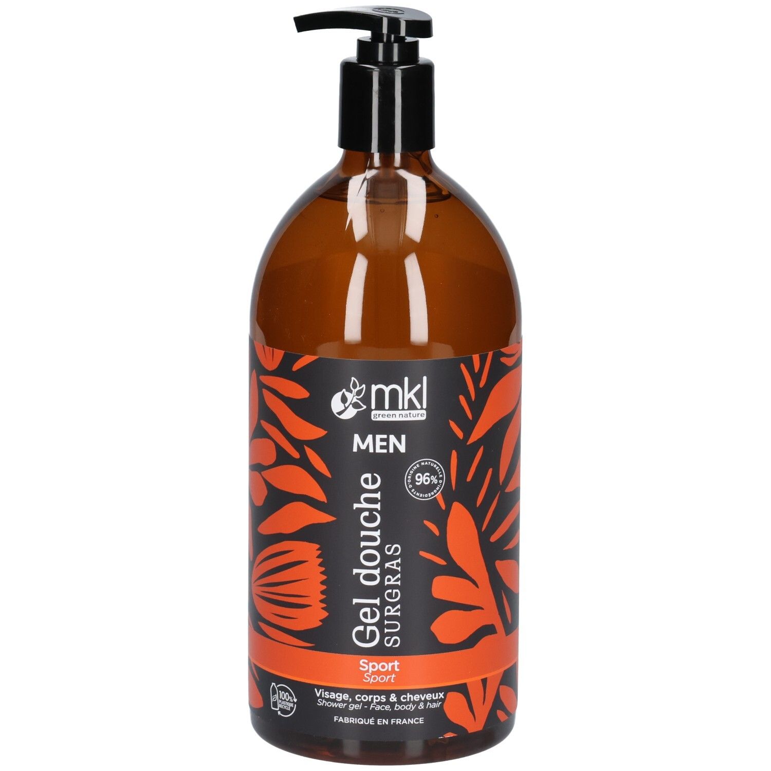 Flacon en verre brun avec distributeur noir, étiquette "mkl MEN Gel douche SURGRAS Sport" et motif de feuilles orange.