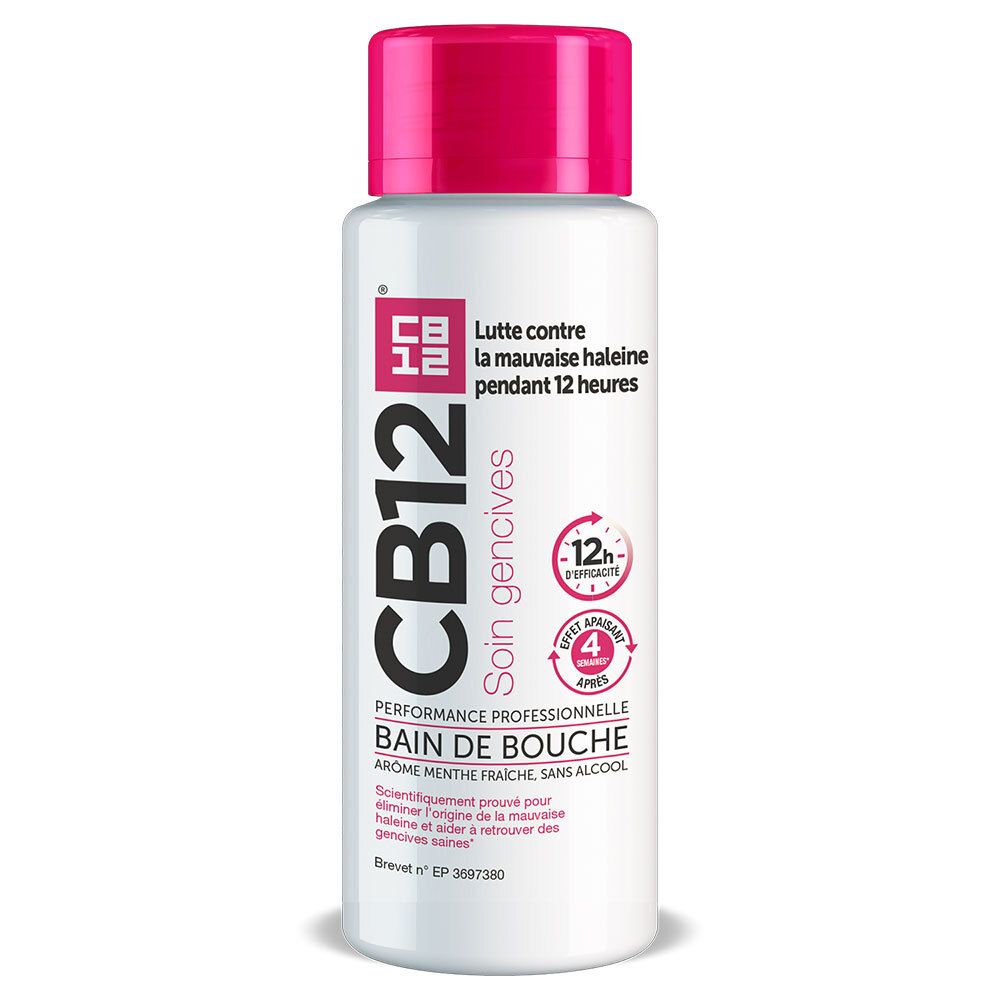 Mondspoeling CB12, witte fles met roze dop. Tekst: Bestrijdt slechte adem 12 uur lang.