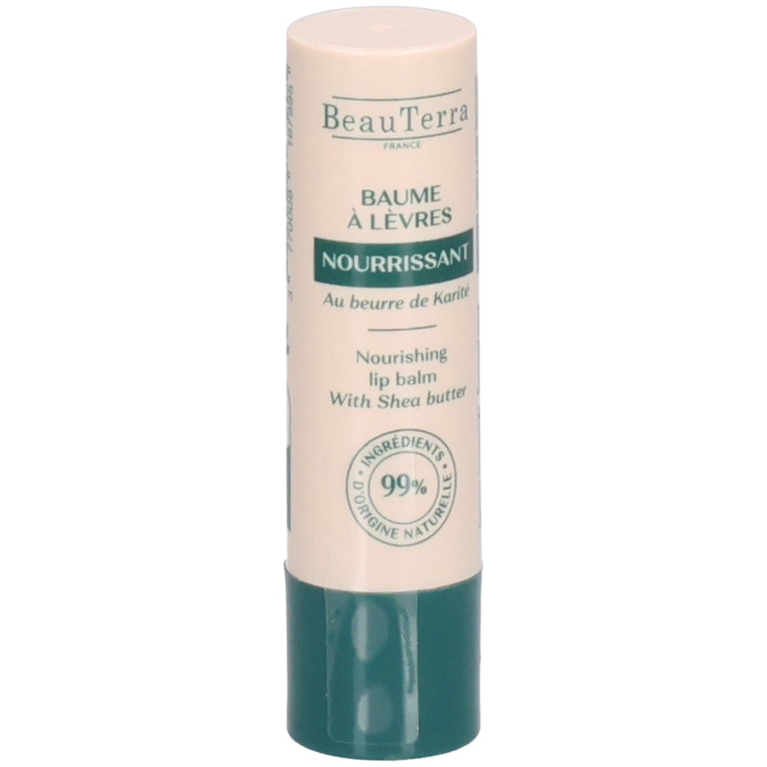 Lipbalsemstift. Beige-groene huls. Opschrift: BeauTerra, Baume à Lèvres Nourrissant, 99% ingrediënten van natuurlijke oorsprong.