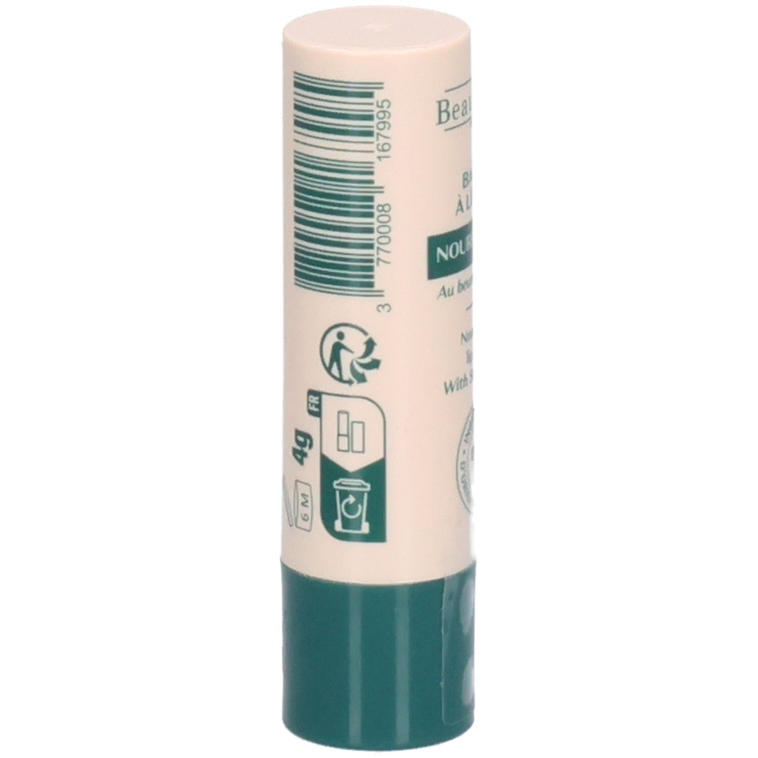 Lipbalsemstift. Beige-groene huls. Barcode en recyclingsymbolen. Opschrift: Baume à Lèvres Nourrissant.