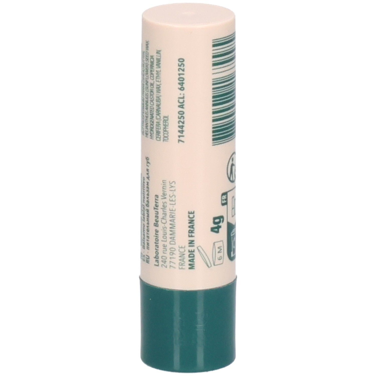 Lipbalsemstift. Beige-groene huls. Opschrift: 4g, Made in France. Ingrediënten en adres.