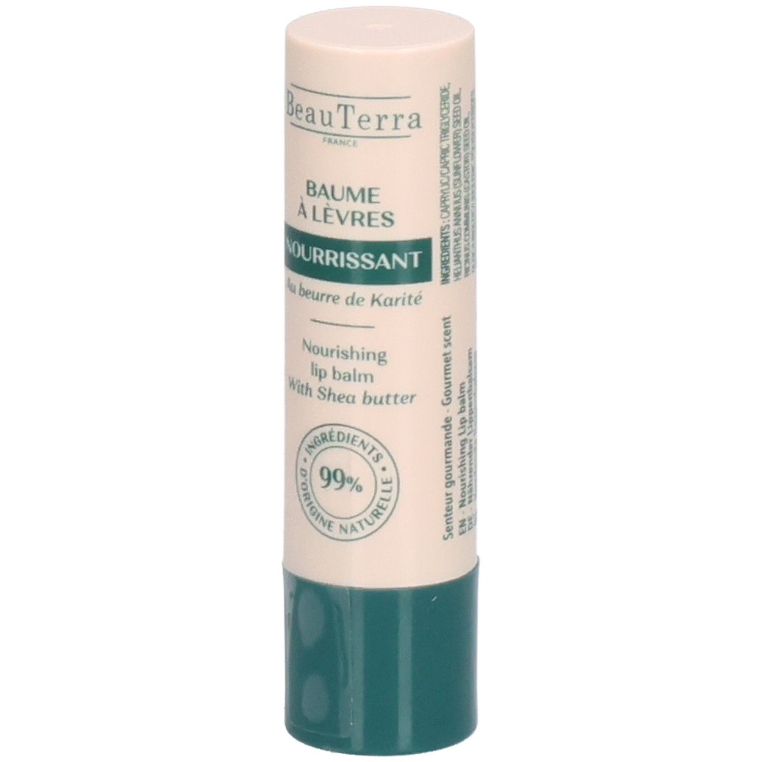 Lipbalsemstift. Beige-groene huls. Opschrift: BeauTerra, Baume à Lèvres Nourrissant, 99% ingrediënten van natuurlijke oorsprong.