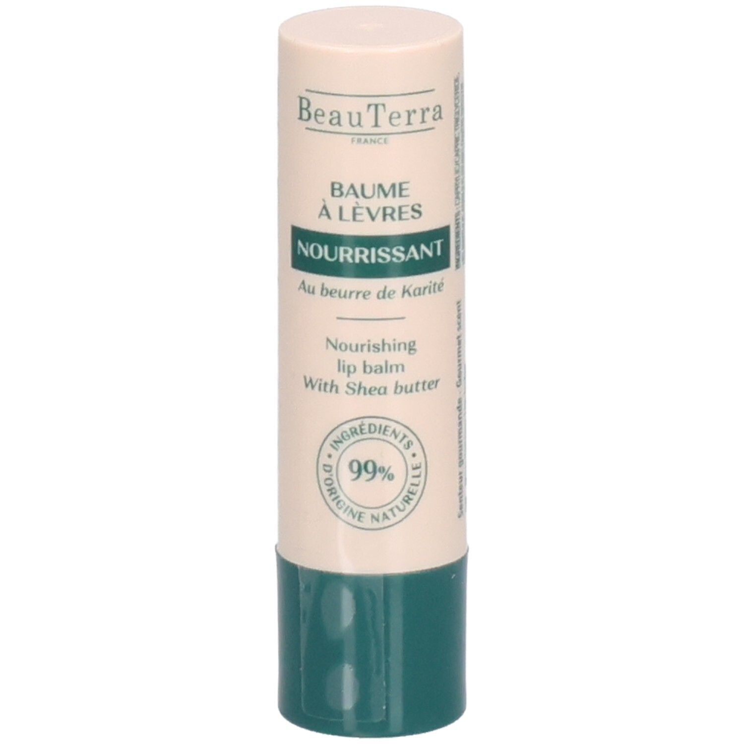 Lipbalsemstift. Beige-groene huls. Opschrift: BeauTerra, Baume à Lèvres Nourrissant, 99% ingrediënten van natuurlijke oorsprong.
