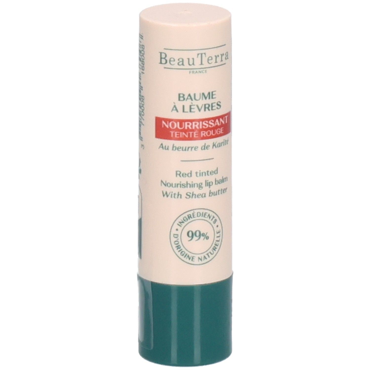 Bâton de baume à lèvres. Étui beige et vert. Inscription: Baume à Lèvres, Nourrissant Teinte Rouge, Au beurre de Karité. Ingrédients 99% naturels.