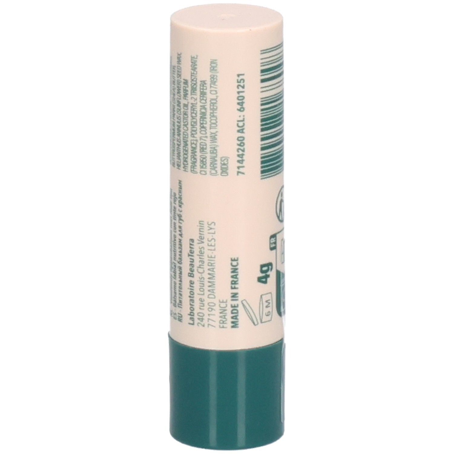 Bâton de baume à lèvres. Étui beige et vert. Liste des ingrédients et informations du fabricant. Inscription: 4g. Fabriqué en France.