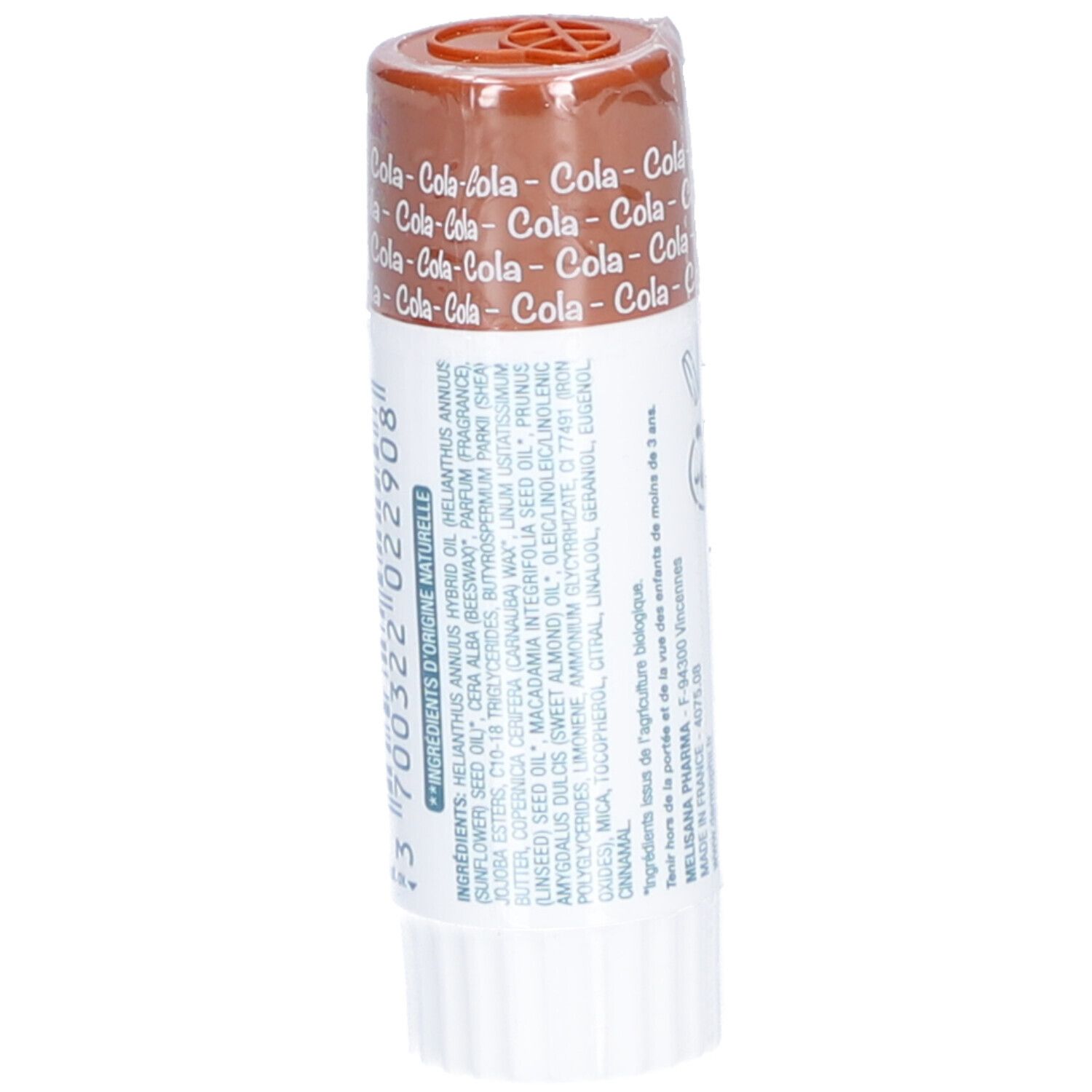Stick lèvres goût cola. Inscription: Dermophil. Liste des ingrédients. Emballage avec informations.