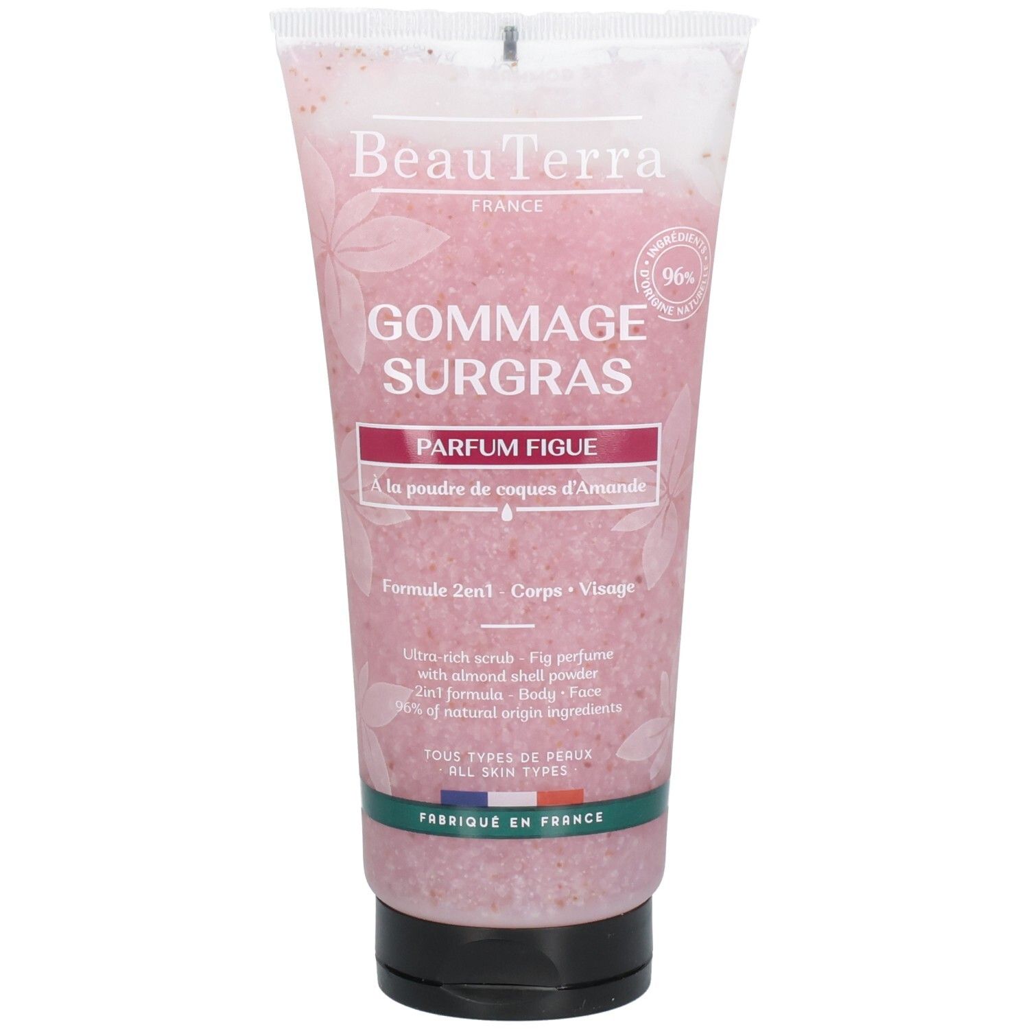 Beauterra Gommage surgras tube. Roze scrub. Parfum Figue. 2-in-1 formule voor lichaam en gezicht. Met amandelschilpoeder. Natuurlijke ingrediënten.
