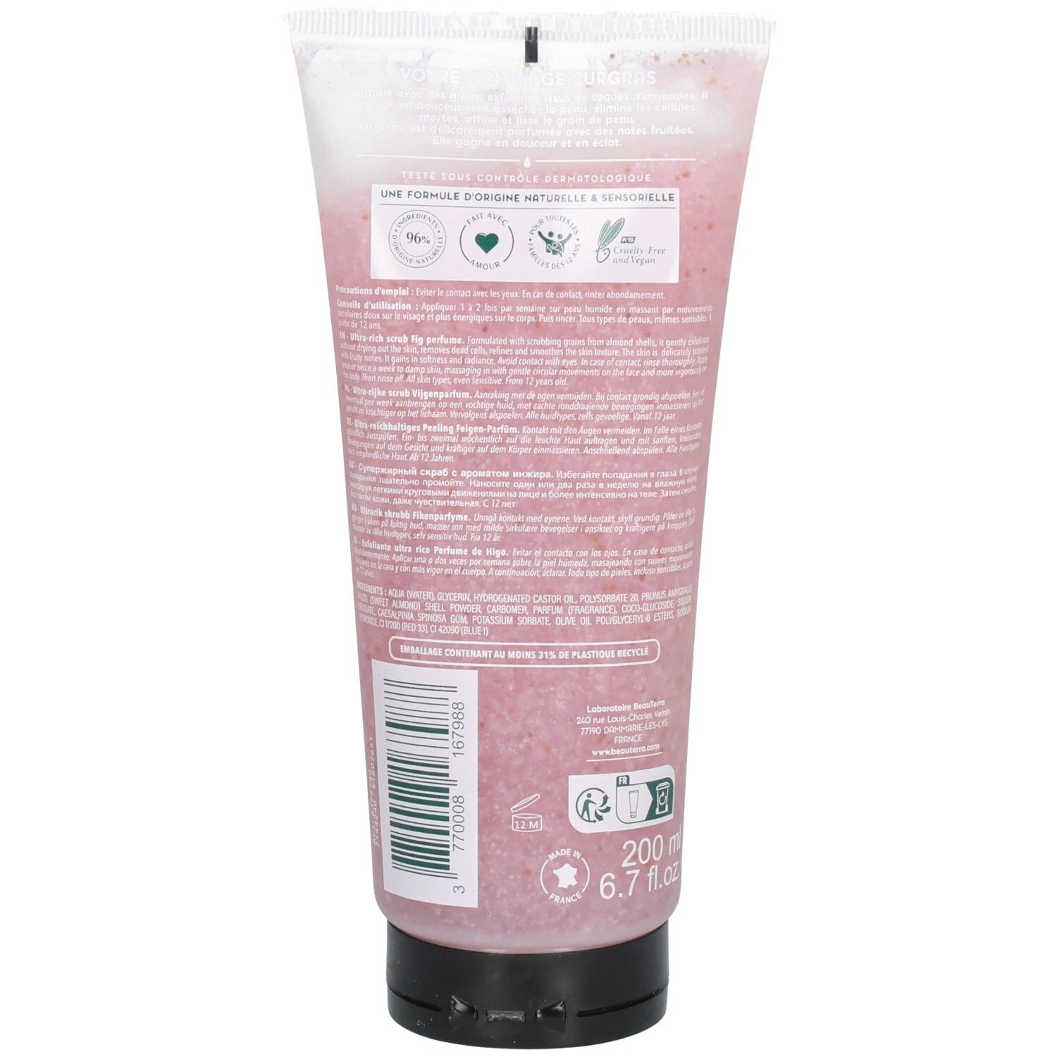 Achterkant van de Beauterra Gommage surgras tube. Tekst: 200 ml, 6.7 fl.oz. Natuurlijke ingrediënten. Certificeringen: Cosmos Natural, Vegan.
