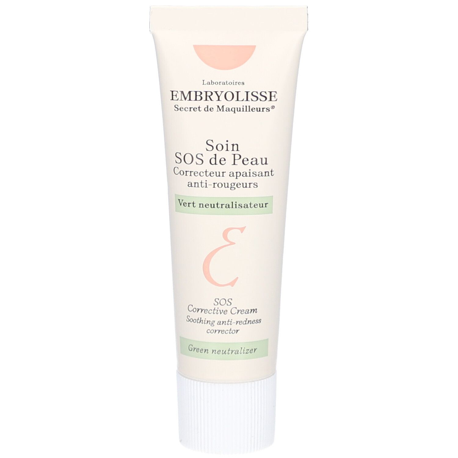 Embryolisse SOS de Peau crème tube. Groene tekst: Correcteur apaisant anti-rougeurs. Witte dop.
