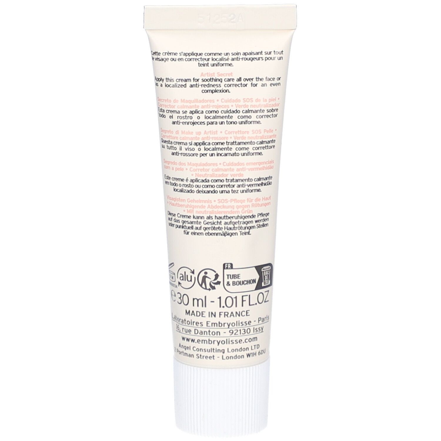 Achterkant van de Embryolisse SOS de Peau tube. Meertalige tekst. Informatie over samenstelling en fabrikant.