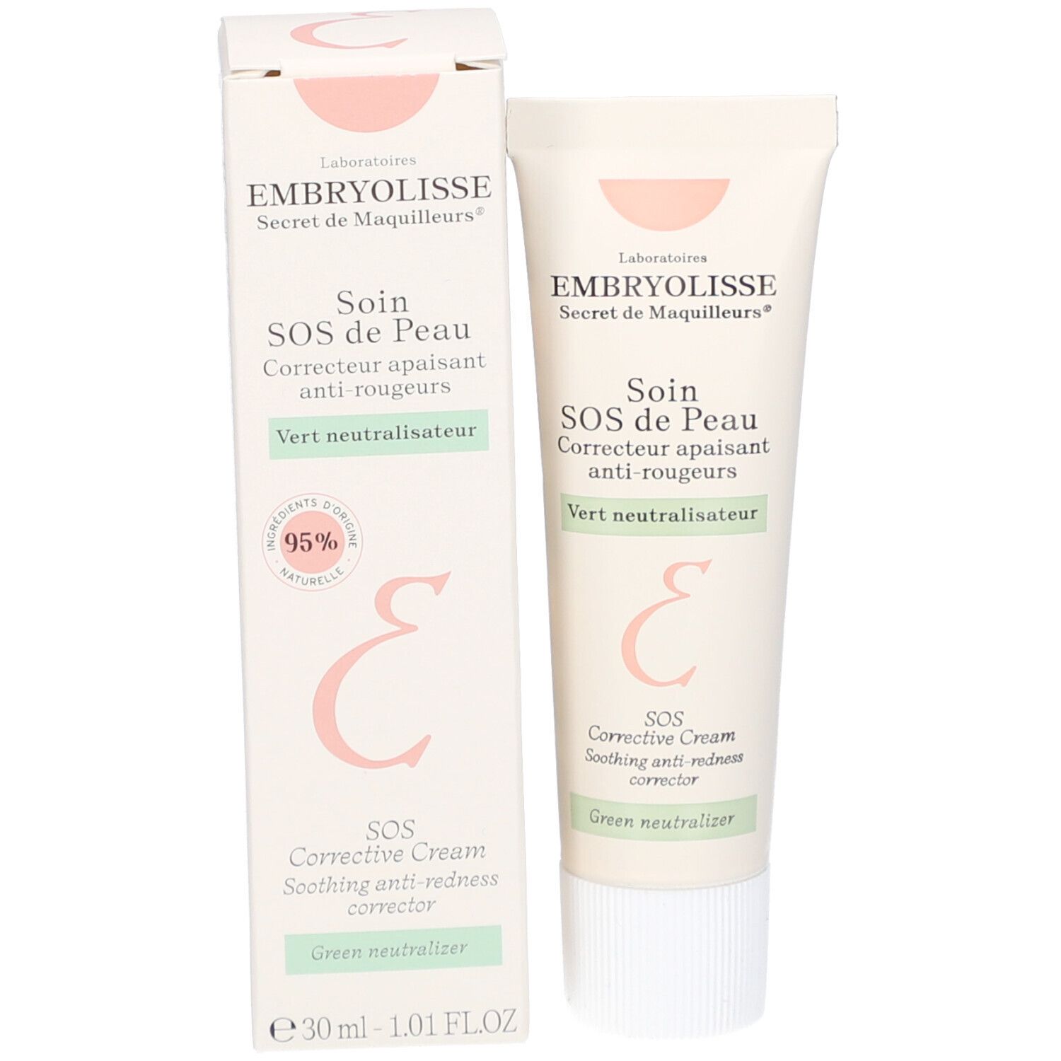 Embryolisse SOS de Peau crème en verpakking. Crèmetube en doos. Tekst: Correcteur apaisant anti-rougeurs.