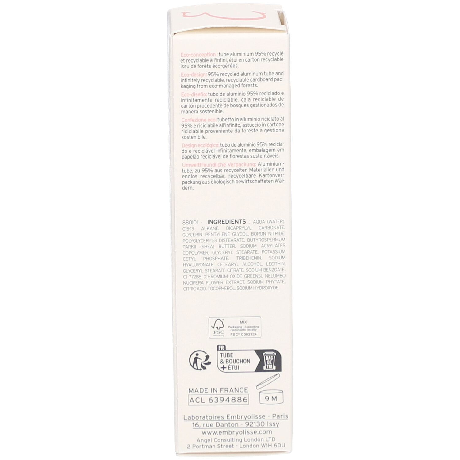 Achterkant van de Embryolisse SOS de Peau verpakking. Meertalige tekst. Ingrediënten en fabrikant informatie.