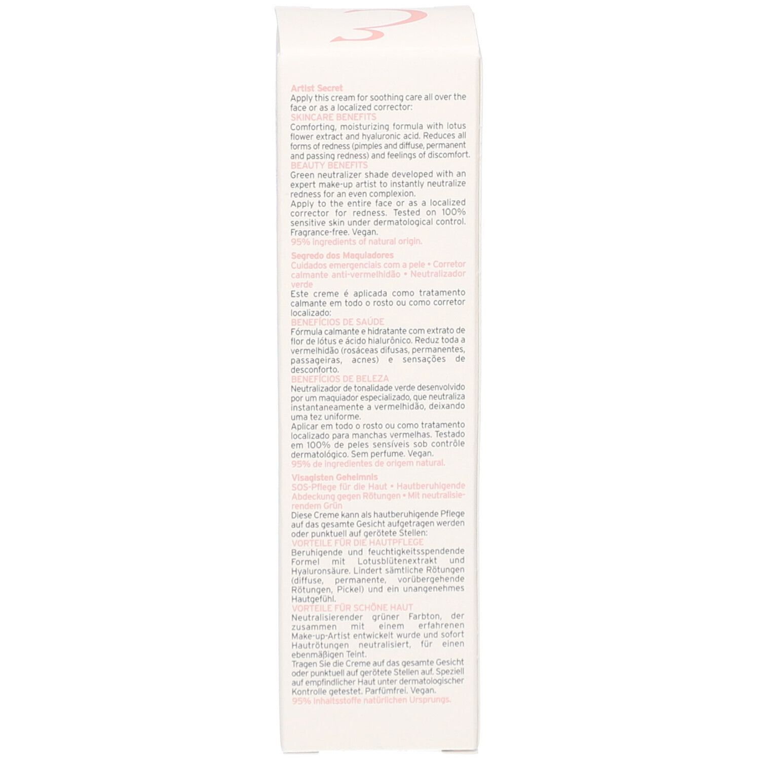 Zijkant van de Embryolisse SOS de Peau verpakking. Meertalige tekst. Productbeschrijving en gebruiksaanwijzing.