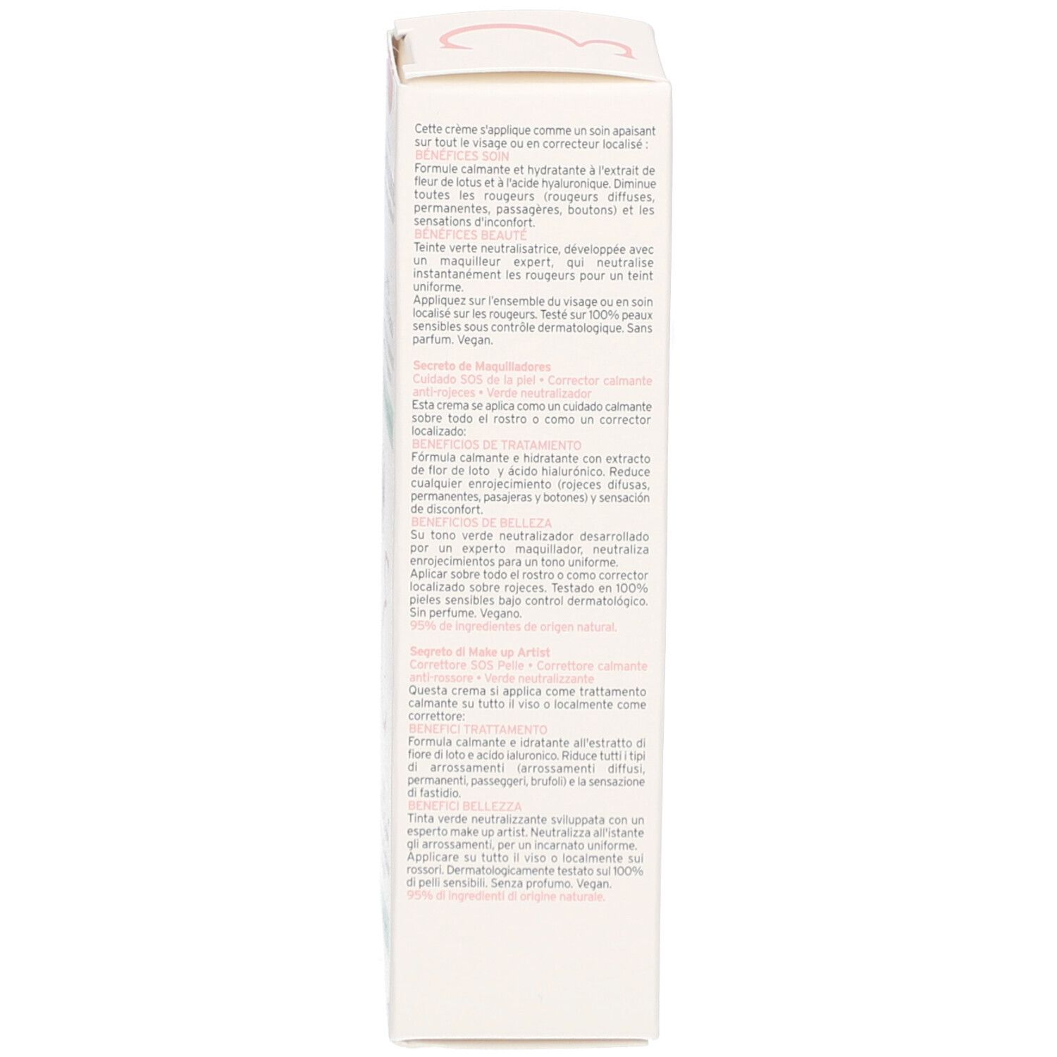 Zijkant van de Embryolisse SOS de Peau verpakking. Meertalige tekst. Productbeschrijving en gebruiksaanwijzing.
