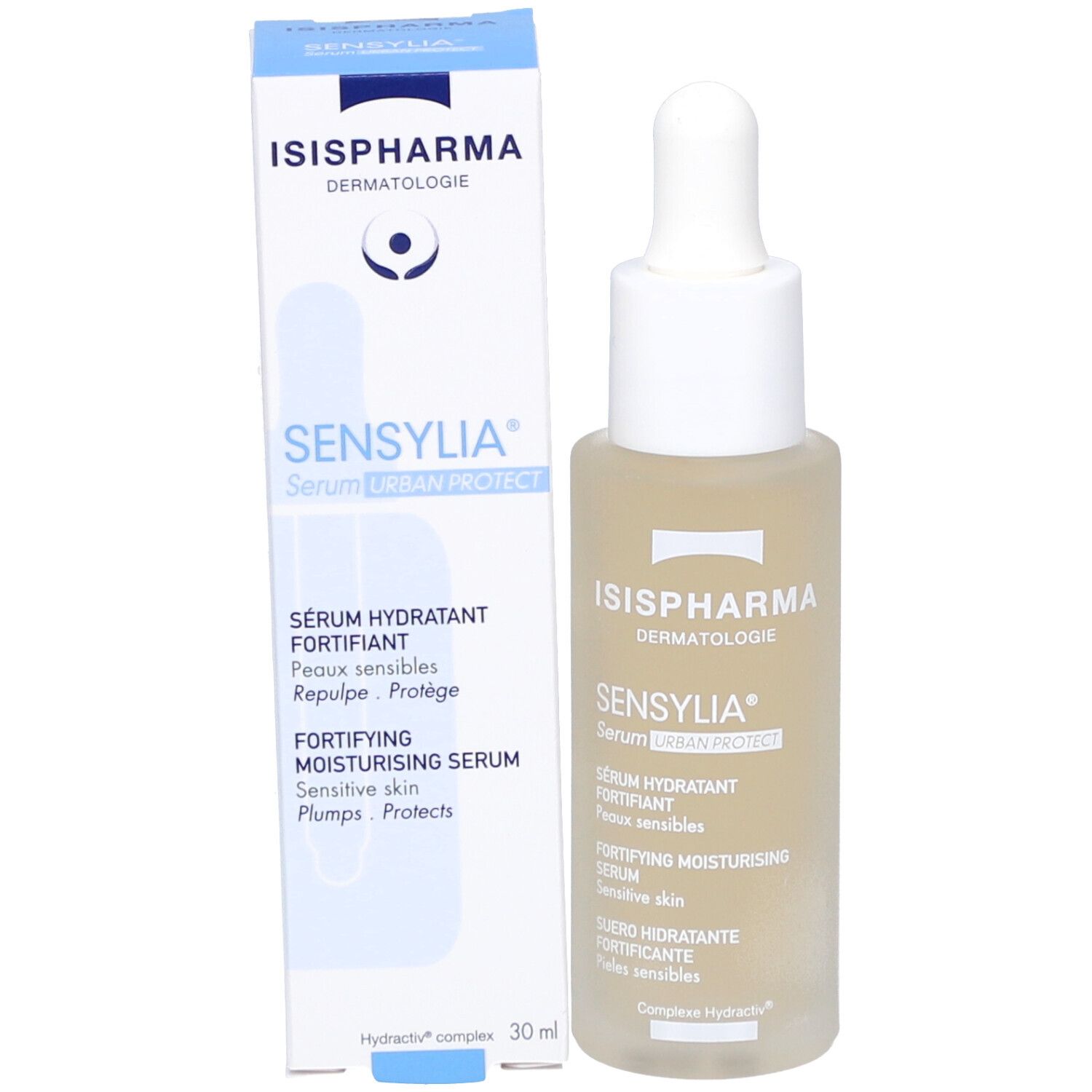 Serumfles en verpakking. ISISPHARMA Sensylia Serum Urban Protect. 30 ml.