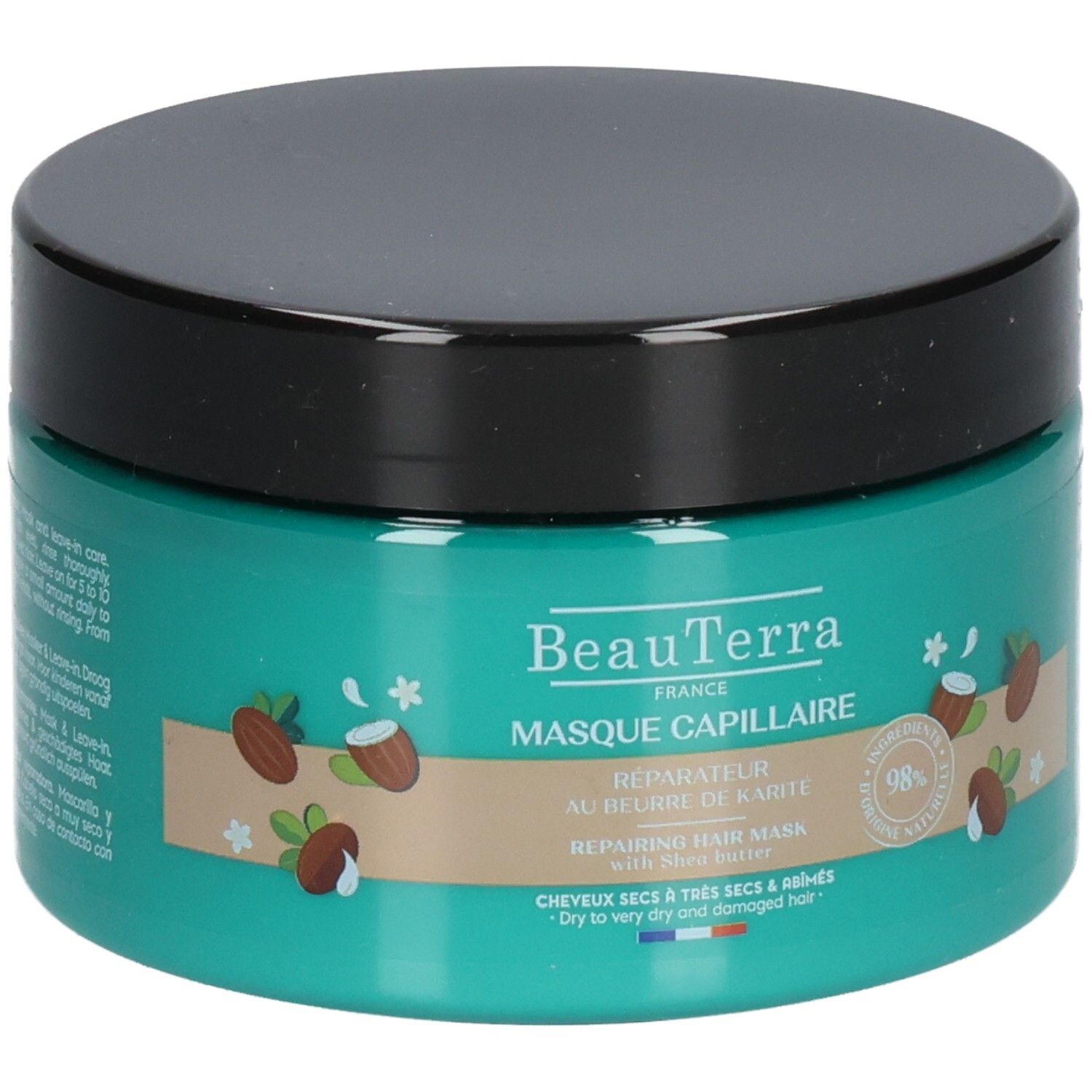 Ronde pot met zwarte deksel. Opschrift: Beauterra, Masque Capillaire, Réparateur au beurre de karité. 98% natuurlijke ingrediënten.