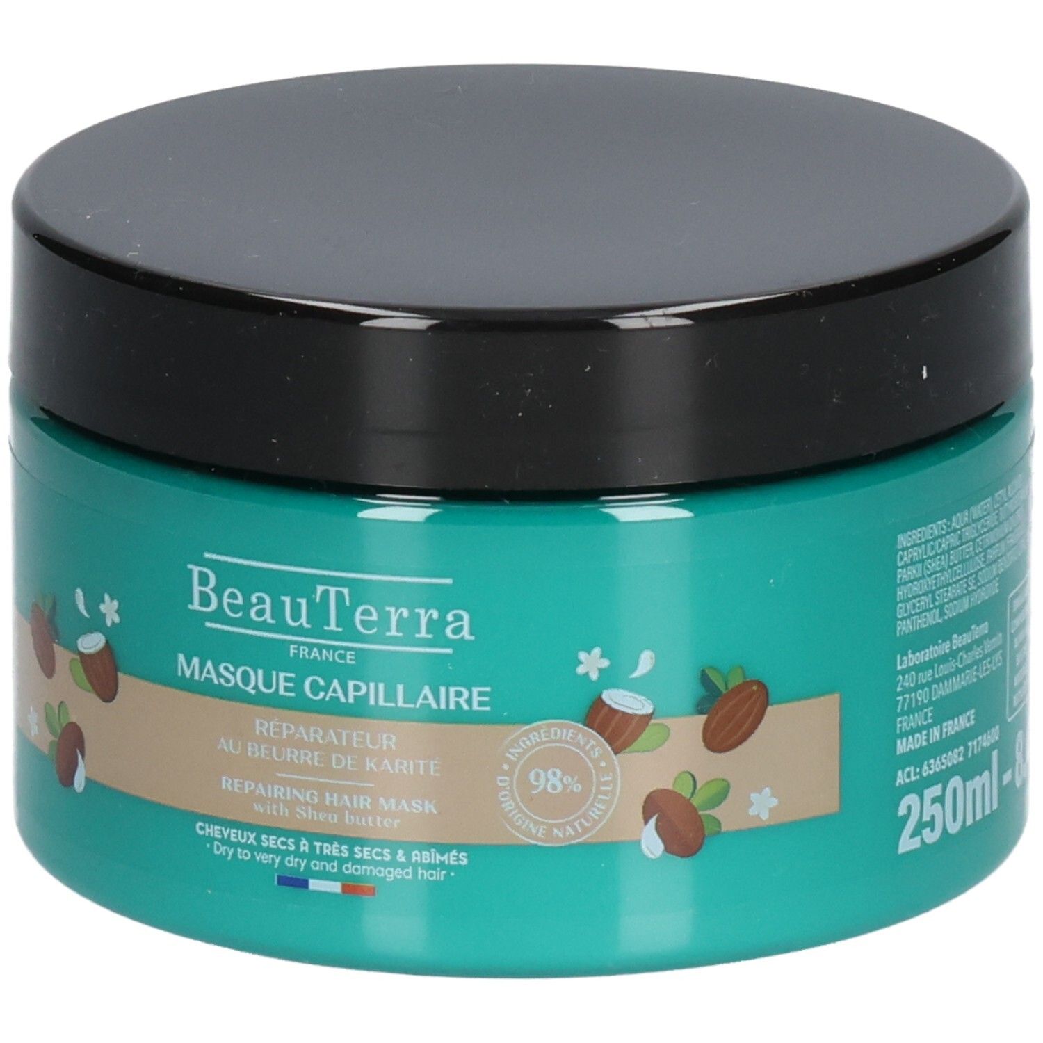 Ronde pot met zwarte deksel. Opschrift: Beauterra, Masque Capillaire, Réparateur au beurre de karité. 250ml. 98% natuurlijke ingrediënten.