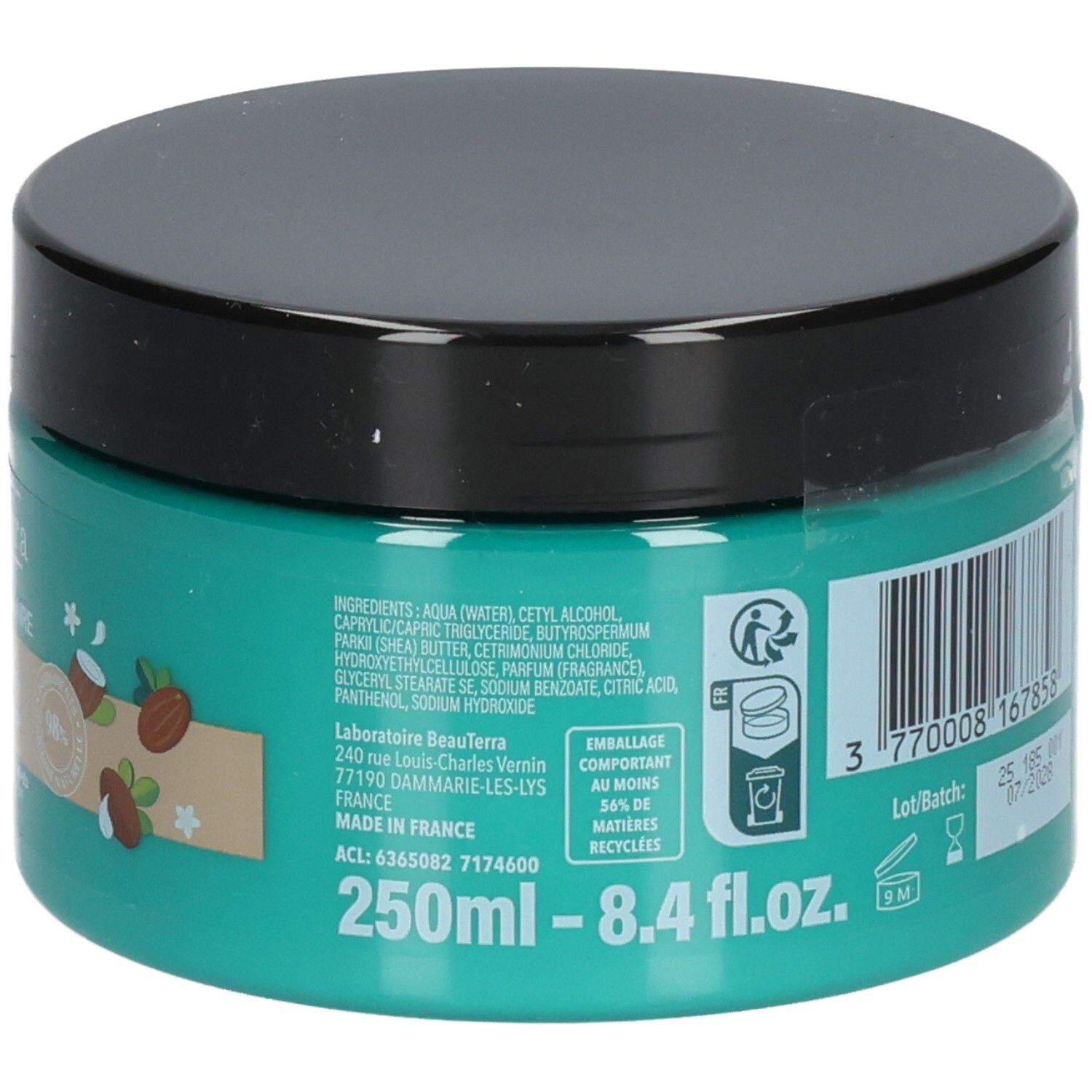 Ronde pot met zwarte deksel. Opschrift: ingrediënten, fabrikantenadres, 250ml - 8.4 fl.oz. Verpakking recyclebaar.