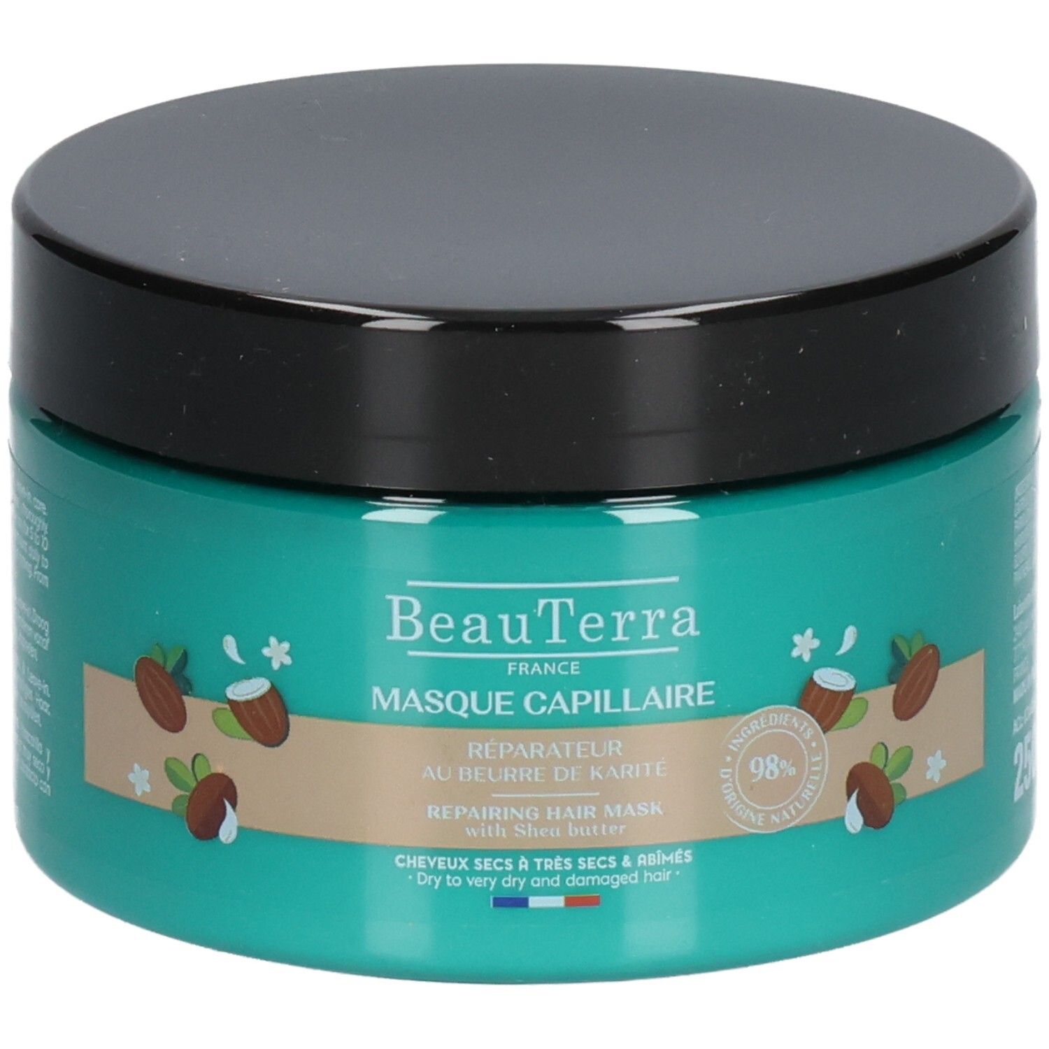 Ronde pot met zwarte deksel. Opschrift: Beauterra, Masque Capillaire, Réparateur au beurre de karité. 98% natuurlijke ingrediënten.