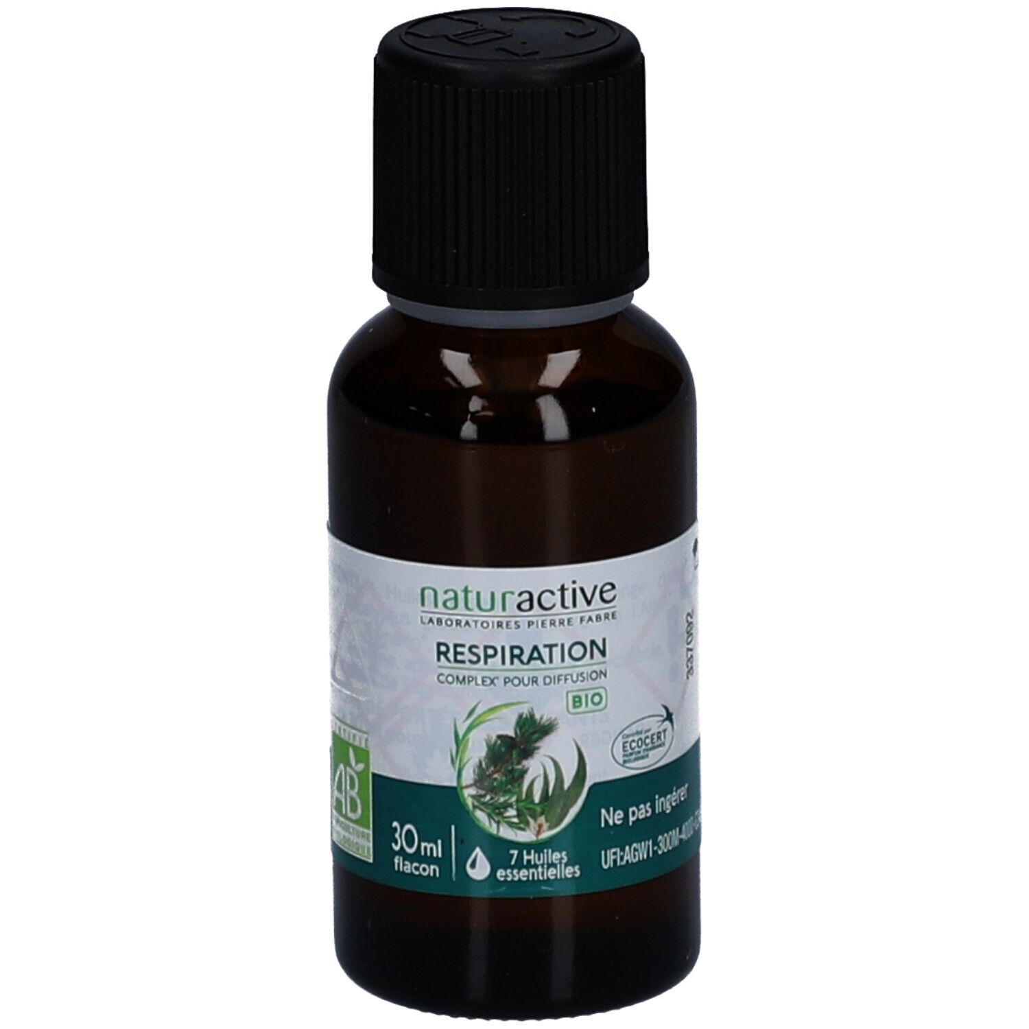 Flacon en verre brun avec bouchon noir. Étiquette avec nom du produit, certification bio et informations. Flacon de 30 ml.