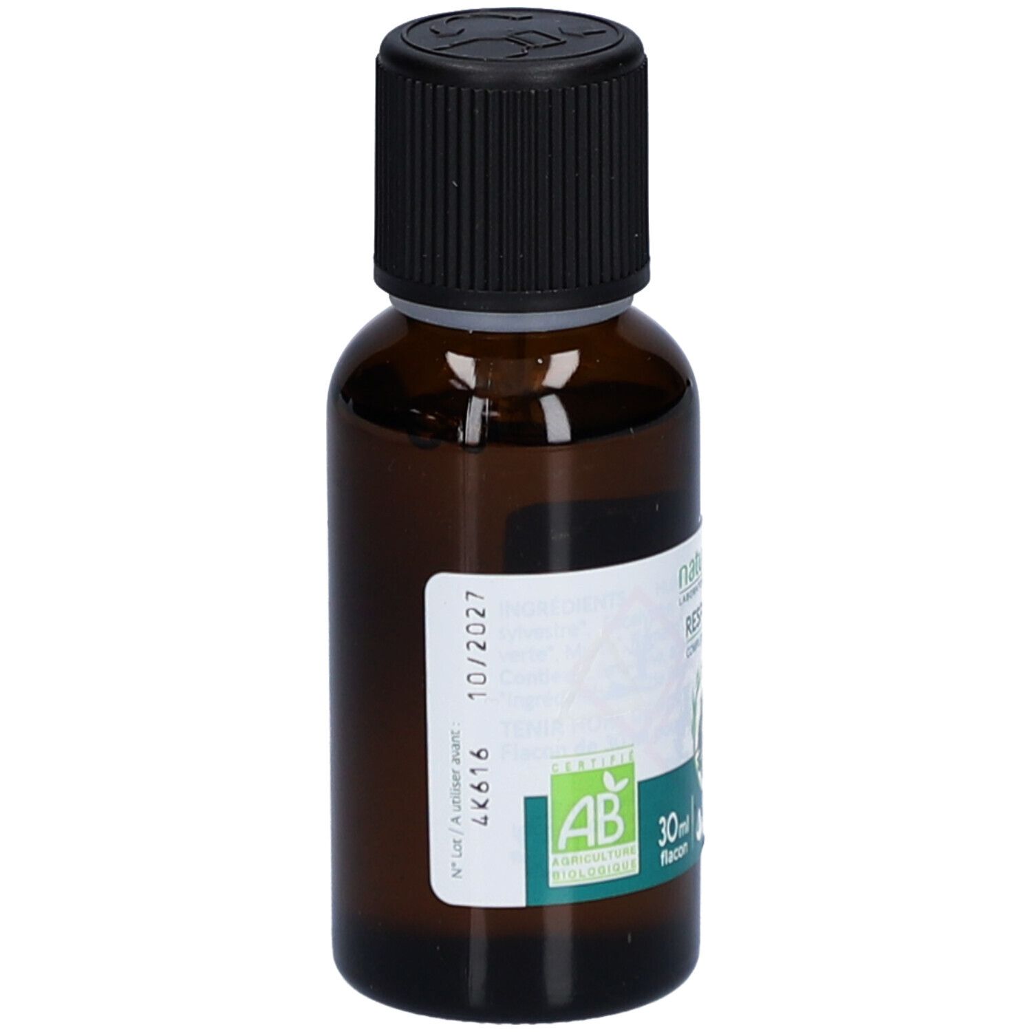Flacon en verre brun avec bouchon noir. Étiquette avec informations produit et date de péremption 10/2027. Flacon de 30 ml.
