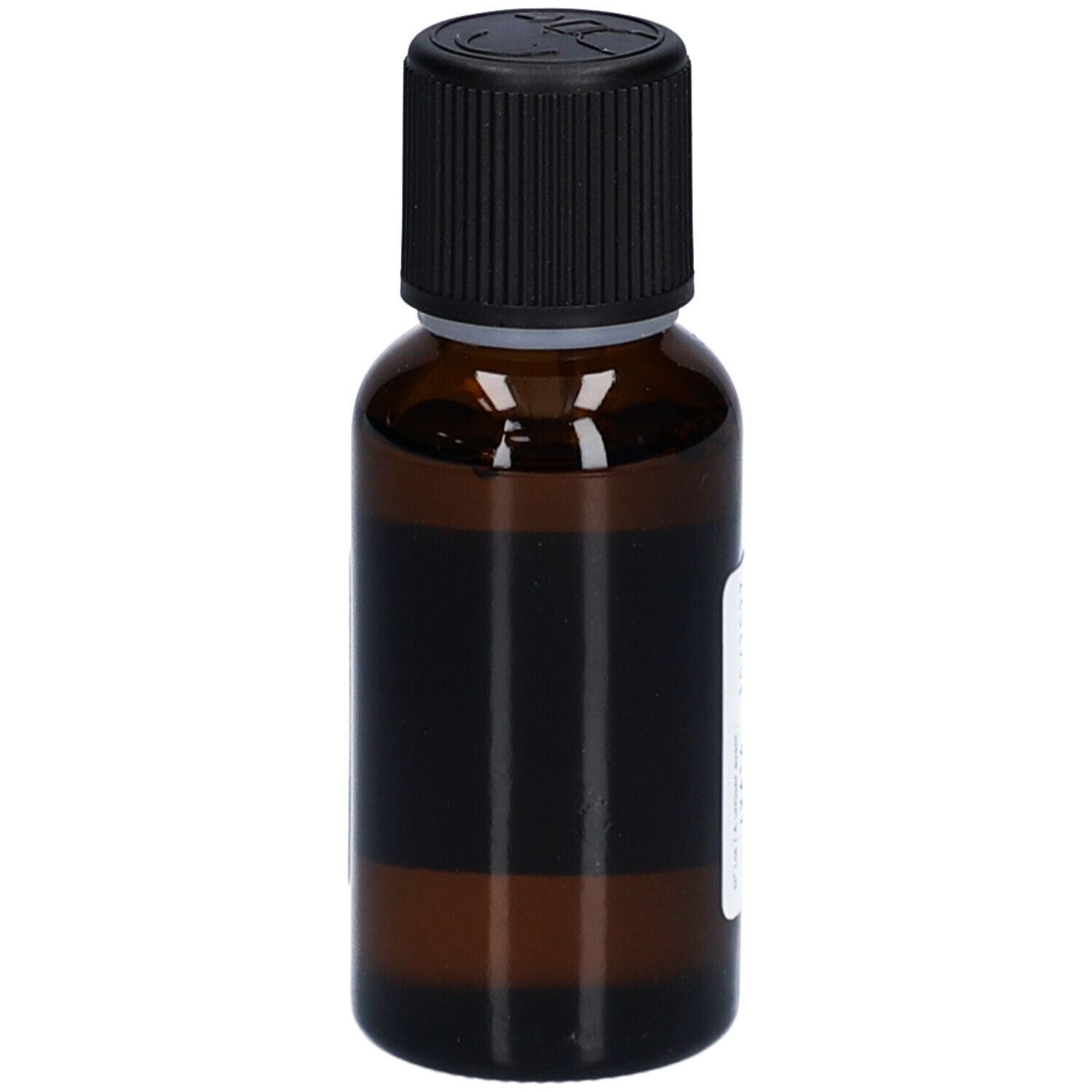 Flacon en verre brun avec bouchon noir. Étiquette avec informations produit. Flacon de 30 ml.