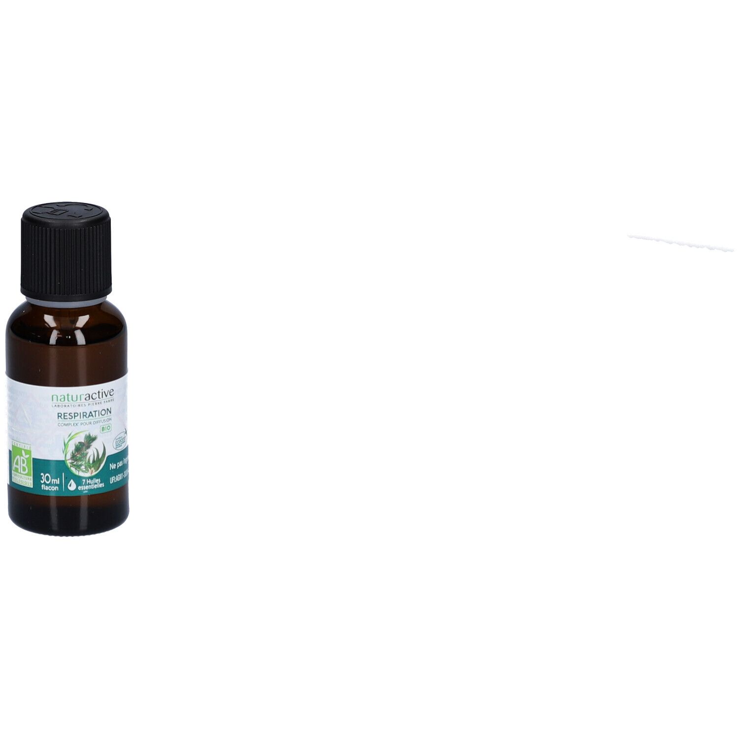 Flacon en verre brun avec bouchon noir. Étiquette avec informations produit. Flacon de 30 ml.