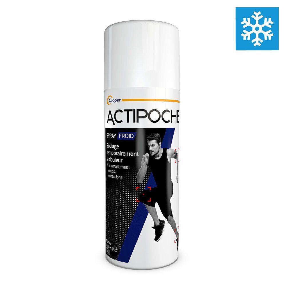 Spray ACTIPOCHE Froid, flacon blanc avec design bleu et noir. Un homme courant est représenté. Symbole de flocon de neige.