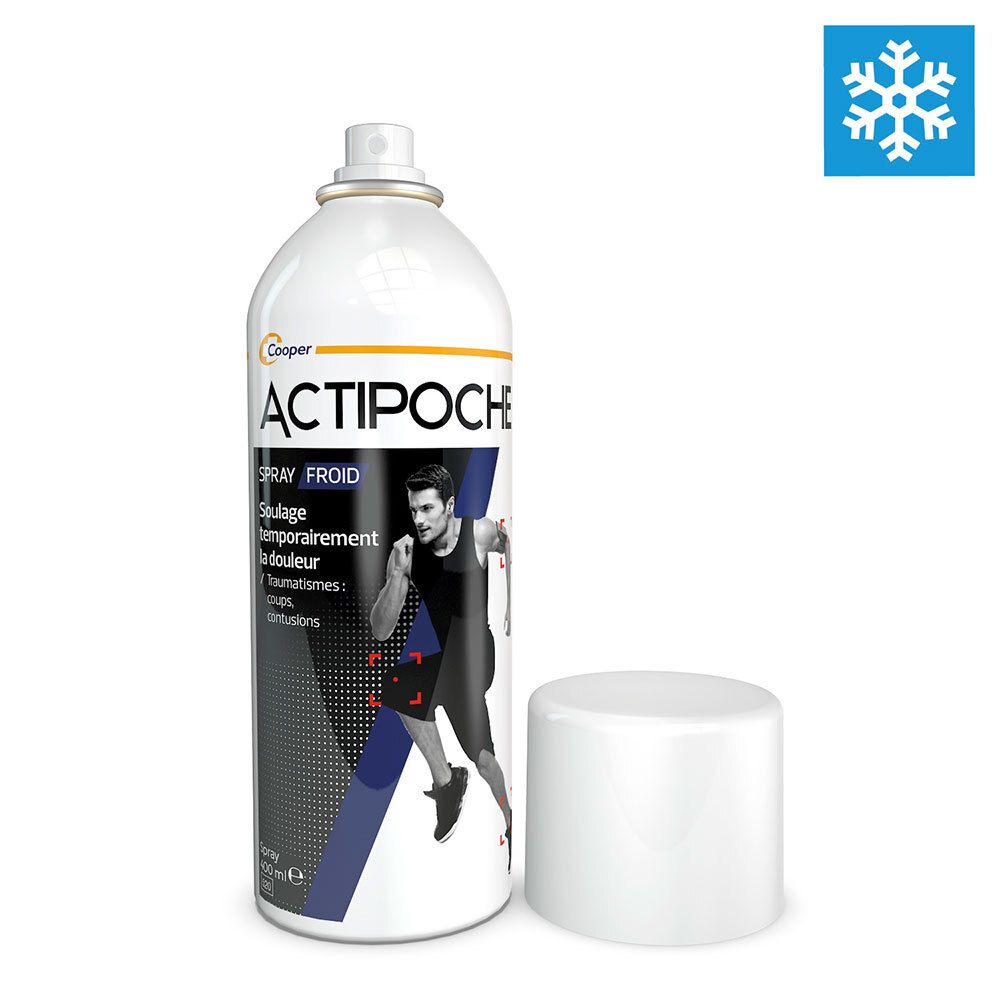 Spray ACTIPOCHE Froid, flacon blanc avec capuchon enlevé. Design bleu et noir. Un homme courant est représenté.