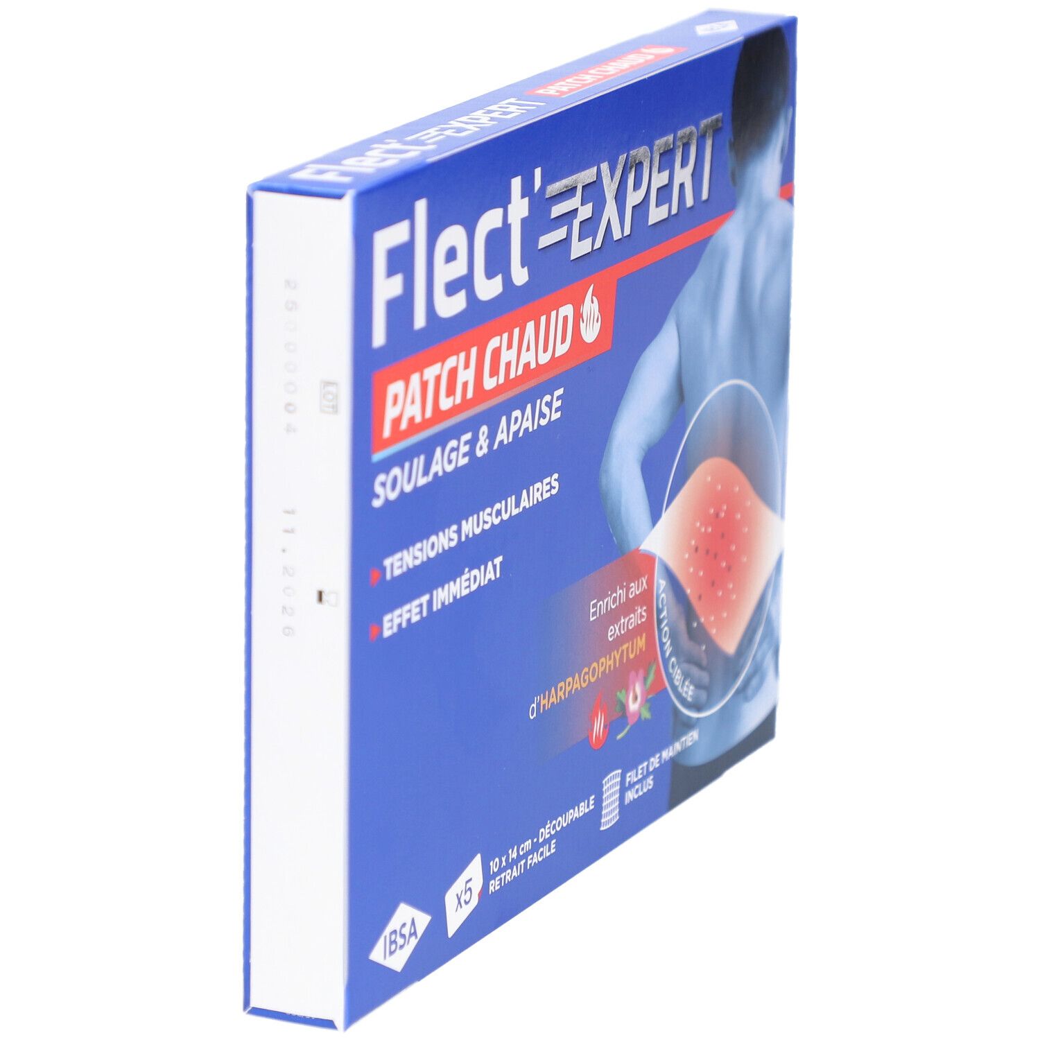 Doos Flect'Expert Patch Chaud, blauw. Zijaanzicht. Tekst: Patch Chaud, Soulage & Apaise, Tensions Musculaires.