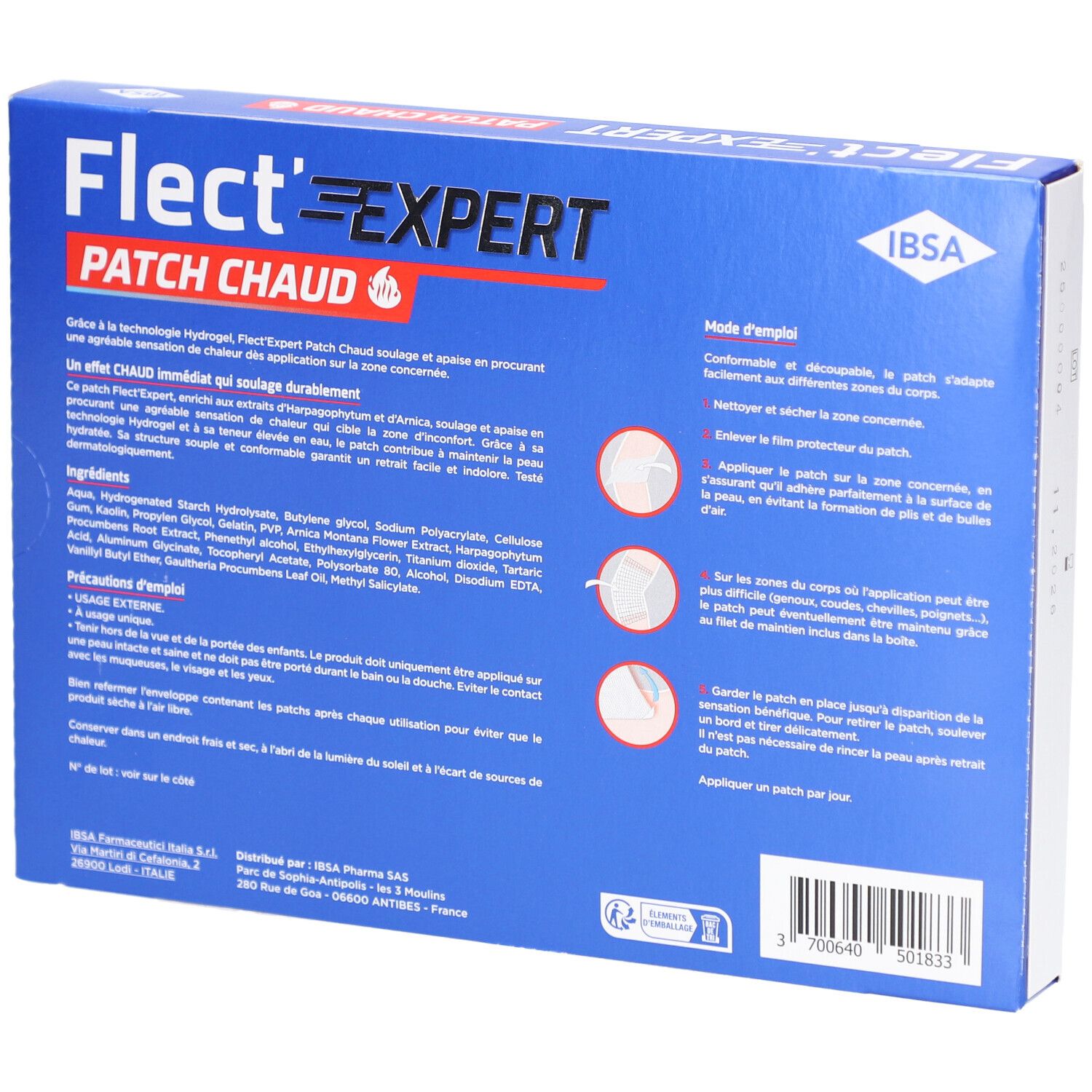Achterkant van de doos Flect'Expert Patch Chaud. Bevat informatie over gebruik en ingrediënten.