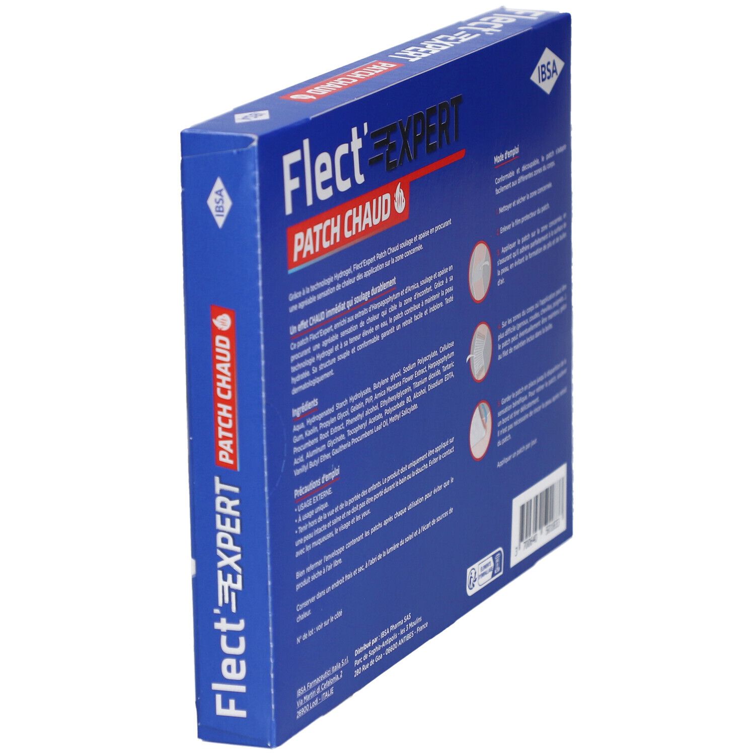 Zijaanzicht van de doos Flect'Expert Patch Chaud. Tekst: Patch Chaud. IBSA logo.