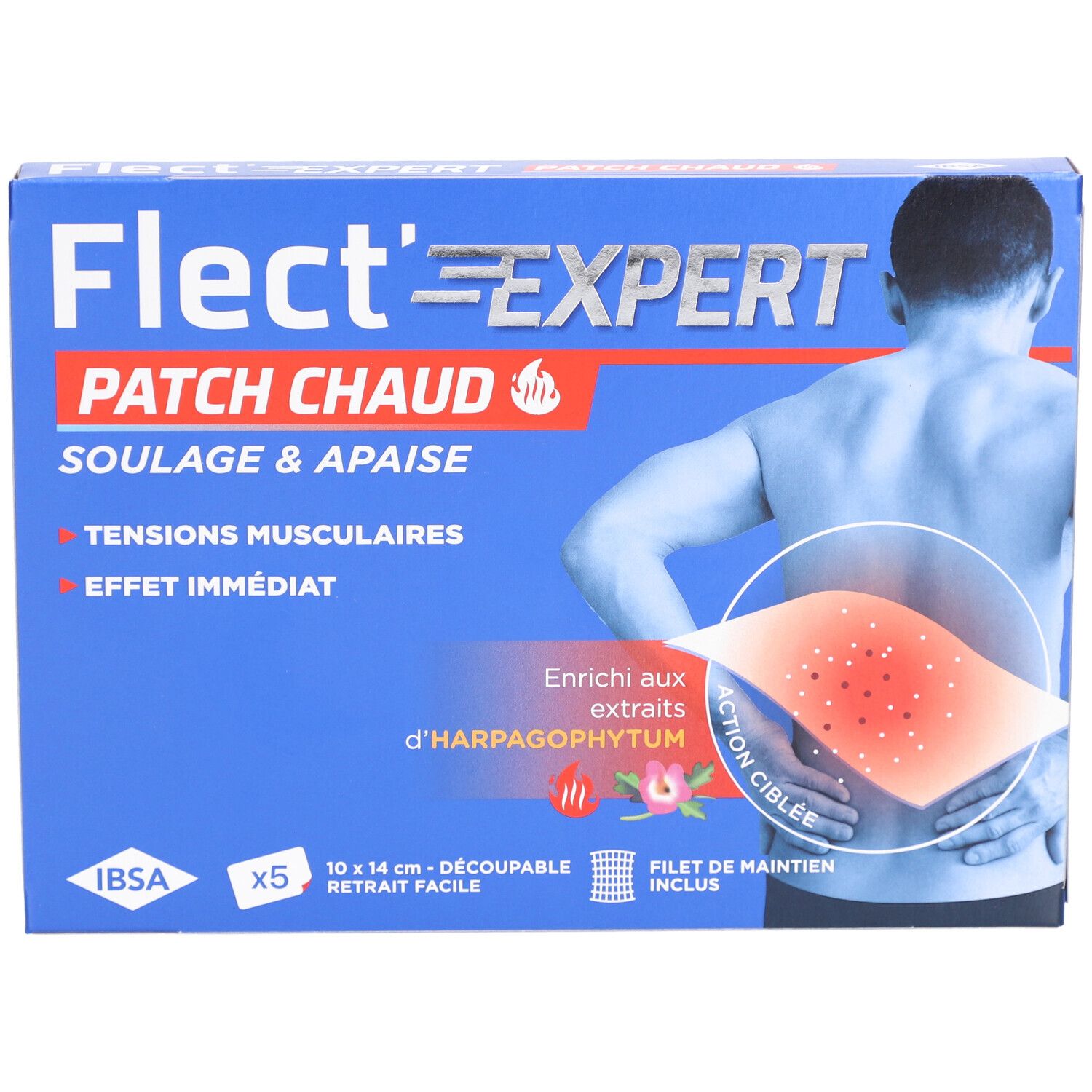 Blauwe doos Flect'Expert Patch Chaud. Man met rugpijn. Tekst: Patch Chaud, Soulage & Apaise.