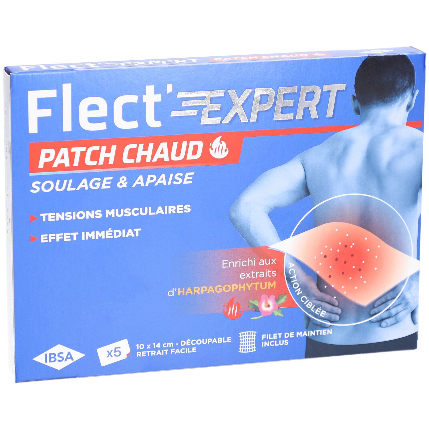 Blauwe doos Flect'Expert Patch Chaud. Man met rugpijn. Tekst: Patch Chaud, Soulage & Apaise.