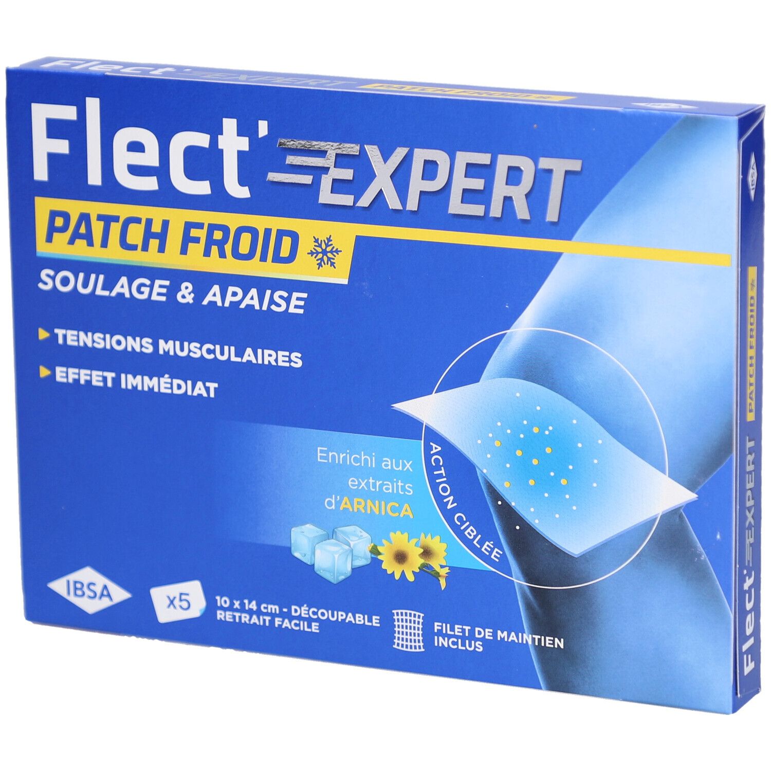 Boîte bleue Flect'Expert Patch Froid. Contient 5 patchs. Illustration d'un genou et d'un patch. Ingrédients : Arnica.