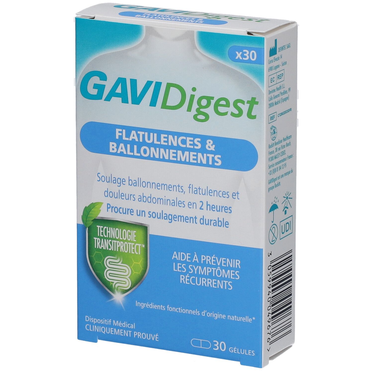 GAVIDigest-verpakking. Blauwe en witte doos met productnaam en indicaties voor flatulentie en een opgeblazen gevoel. 30 capsules.