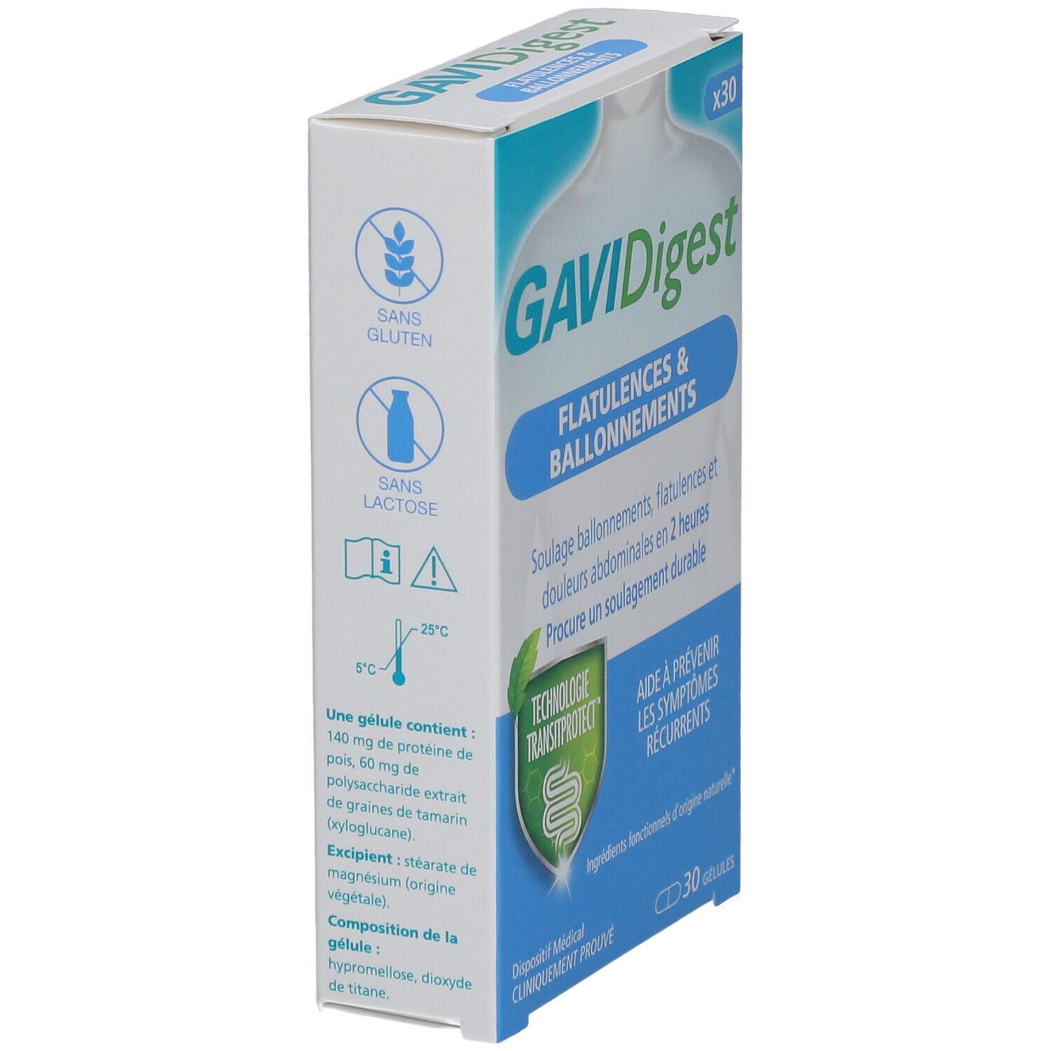 GAVIDigest-verpakking. Blauwe en witte doos met productinformatie. Bevat details over ingrediënten en certificeringen.
