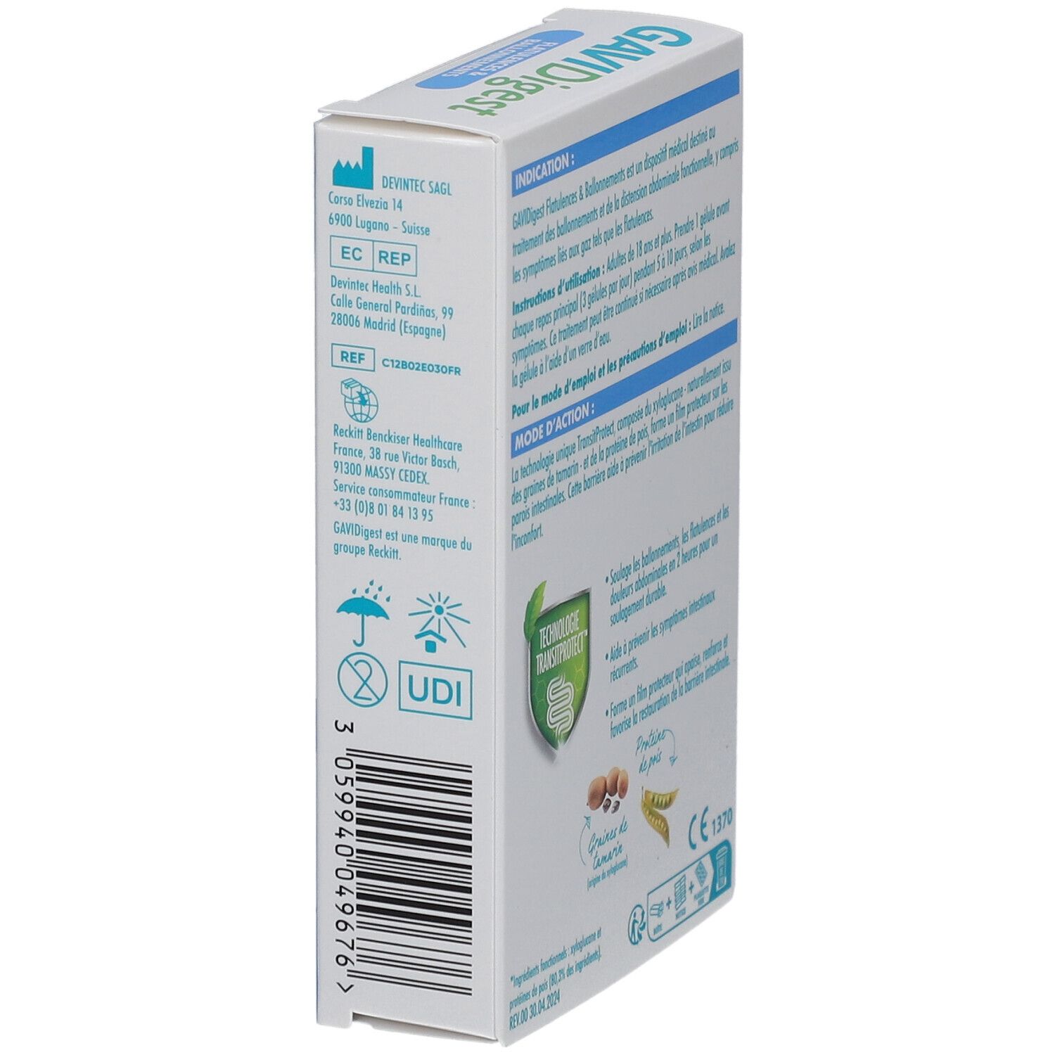GAVIDigest-verpakking. Zijaanzicht van de blauwe en witte doos met productinformatie en certificeringen.