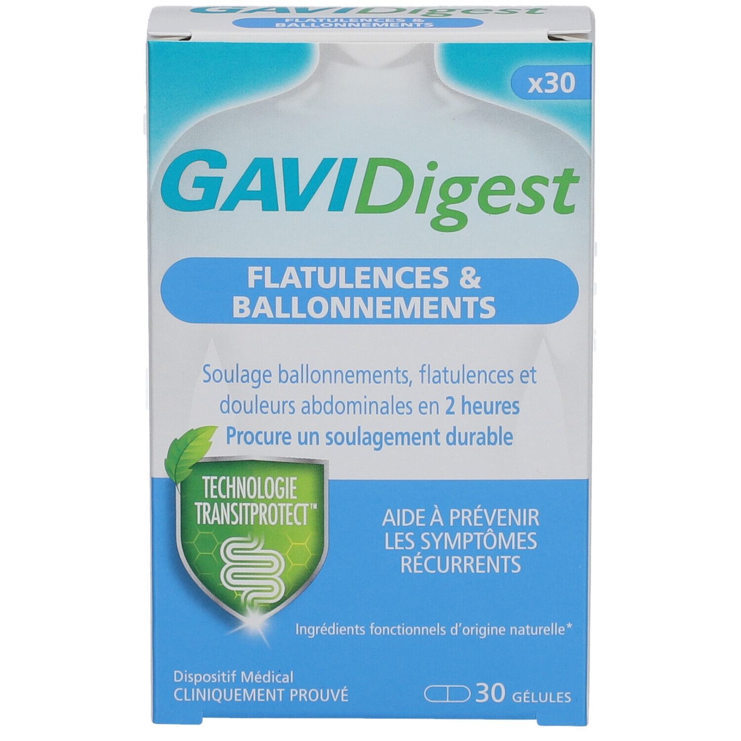 GAVIDigest-verpakking. Blauwe en witte doos met productnaam en indicaties voor flatulentie en een opgeblazen gevoel. 30 capsules.