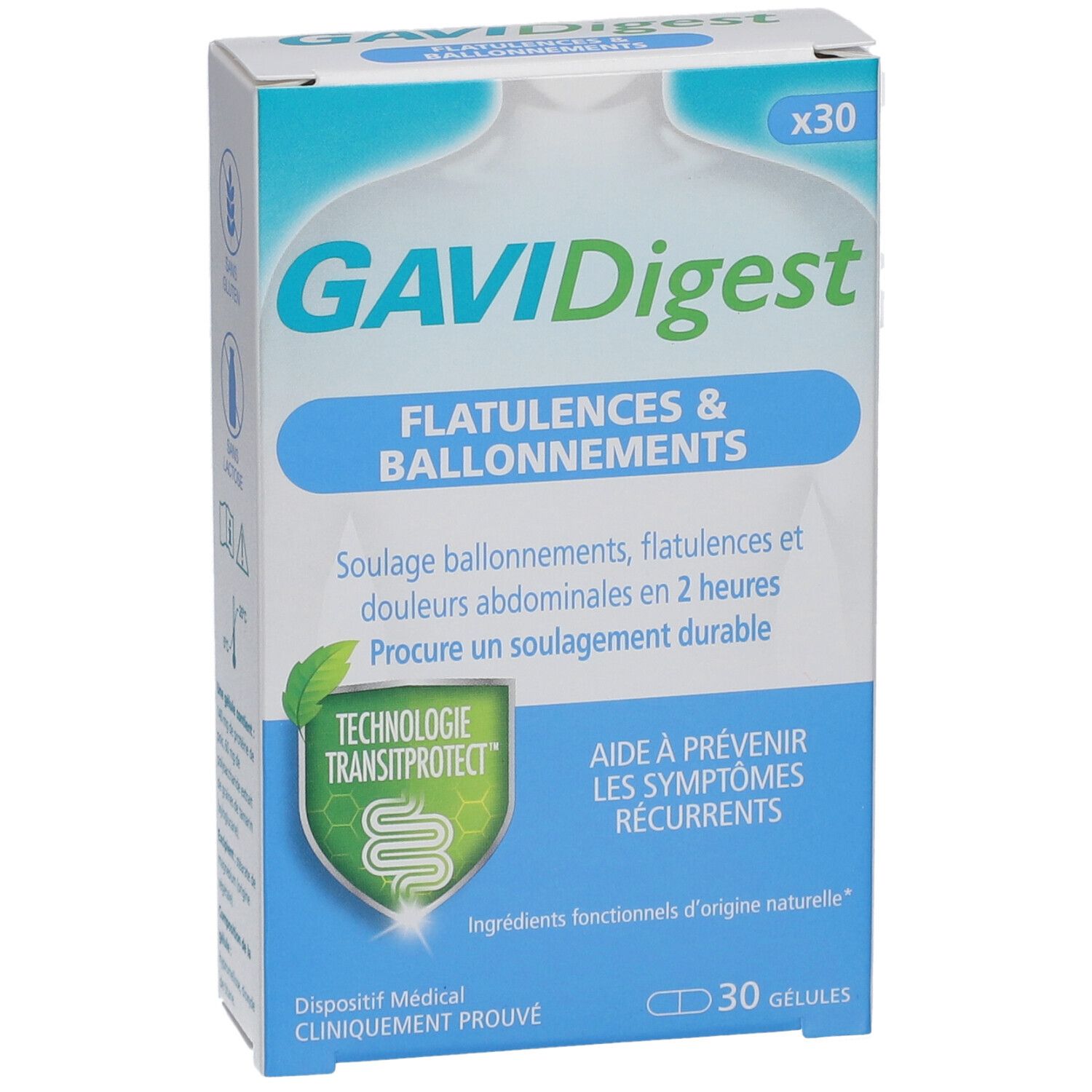 GAVIDigest-verpakking. Blauwe en witte doos met productnaam en indicaties voor flatulentie en een opgeblazen gevoel. 30 capsules.