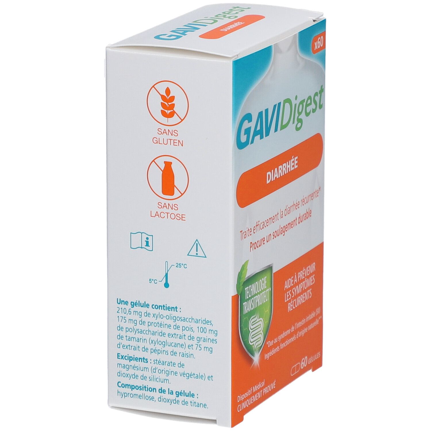 Boîte GAVIDigest Diarrhée. Contient 60 gélules. Sans gluten, sans lactose. Ingrédients et indication de température.