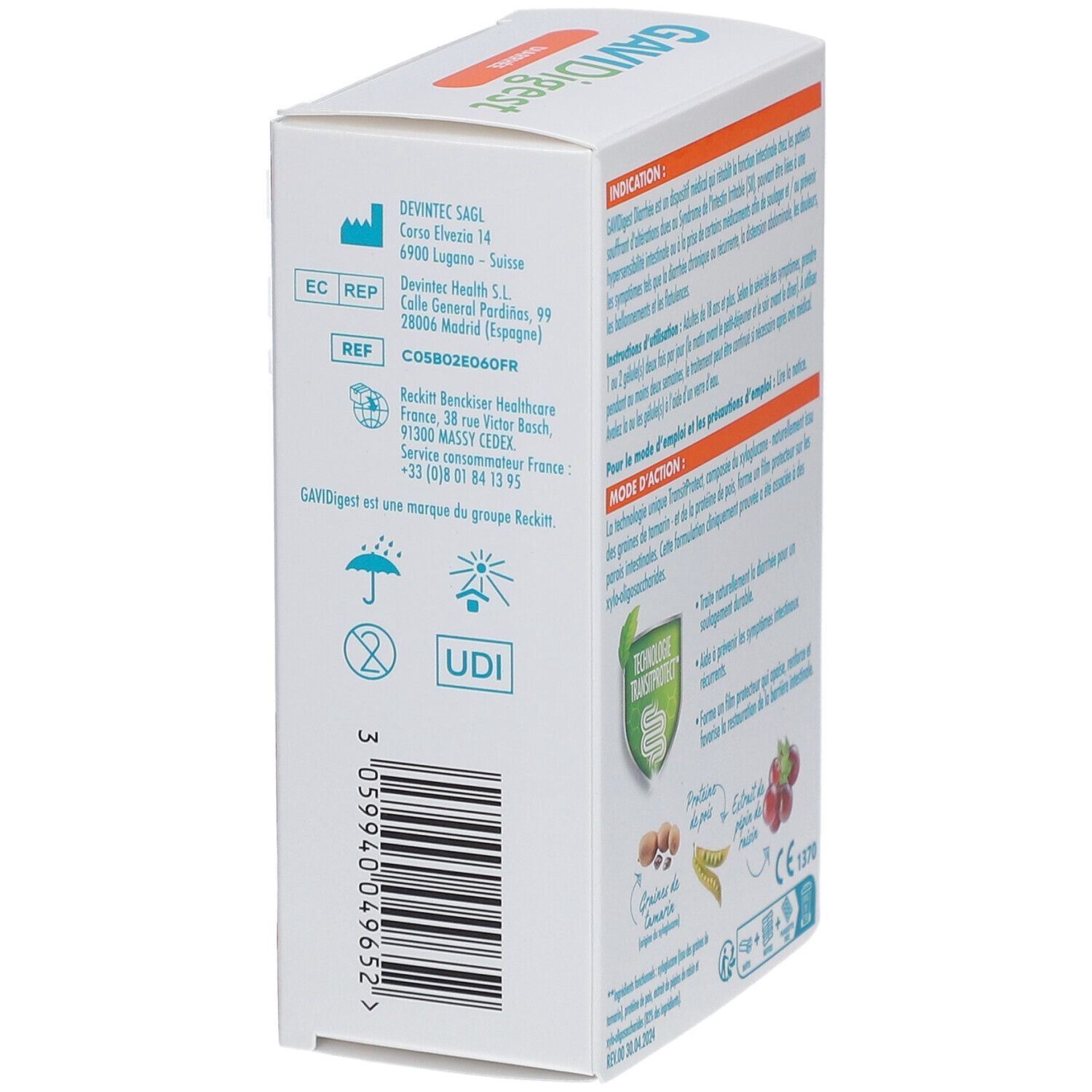 Côté de la boîte GAVIDigest Diarrhée. Informations fabricant, code UDI, numéro de lot, marquage CE.